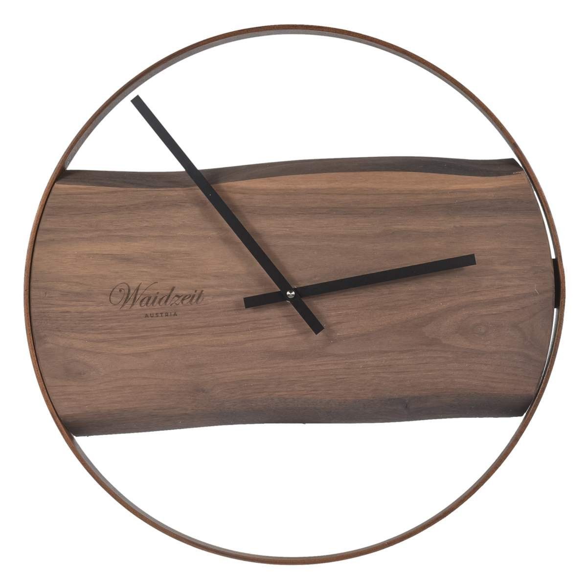 Waidzeit Austria Wanduhr Premium (42cm Rahmen aus Metall, Vollholz mit Baumkante)