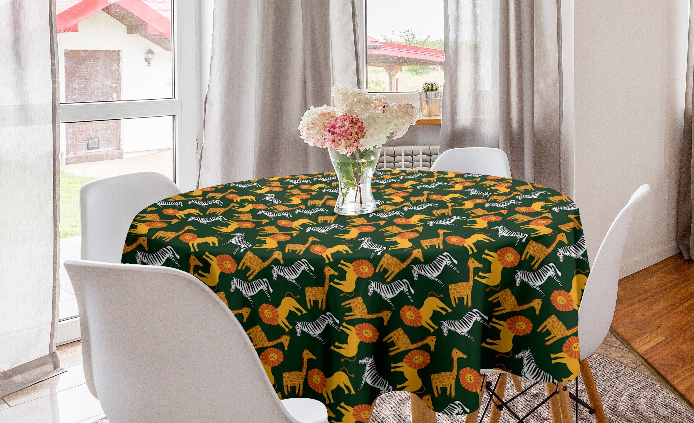 Abakuhaus Tischdecke Kreis Tischdecke Abdeckung für Esszimmer Küche Dekoration, Tiere Lions Zebras und Giraffen