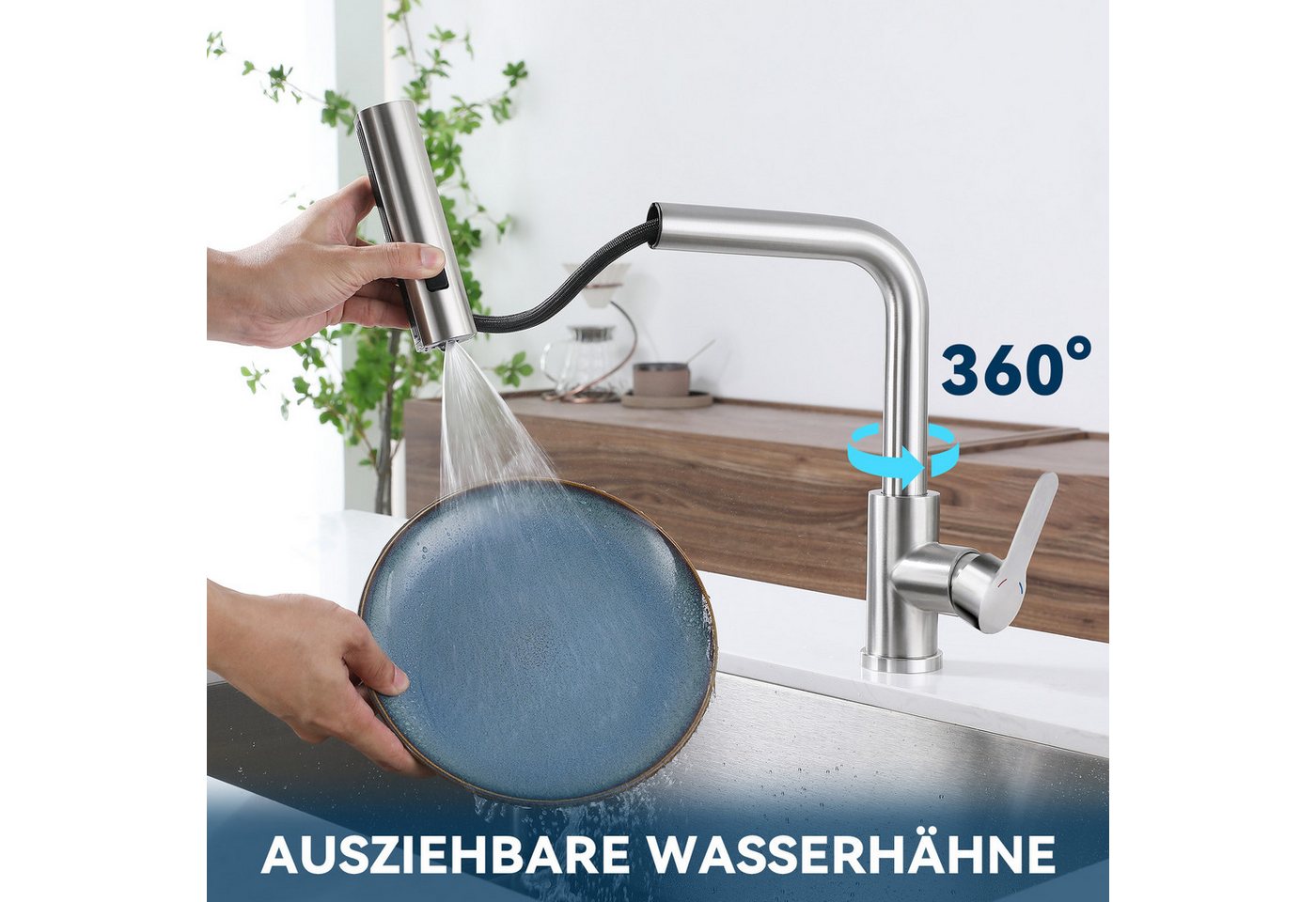 Thumbnail - Nettlife Küchenarmatur Schwarz Ausziehbar Waterfall Spültischarmatur mit Brause Mischbatterie Armatur Edelstahl 360° Dre...