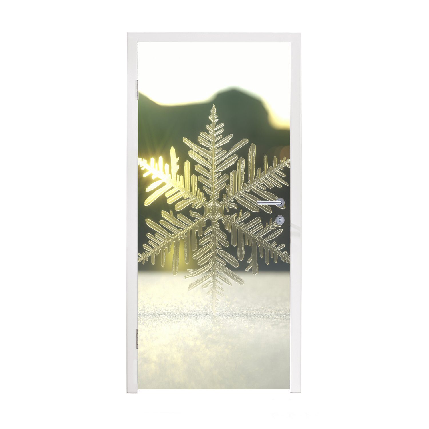 MuchoWow Türtapete Nahaufnahme gefrorene Schneeflocke in der Sonne, Matt, bedruckt, (1 St), Fototapete für Tür, Türaufkleber, 75x205 cm
