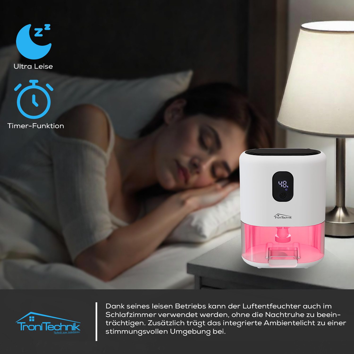 TroniTechnik Luftentfeuchter Raumentfeuchter Mini Trockner, Entfeuchtung 0.042 l/Tag, automatische Abschaltung, Tank abnehmbar