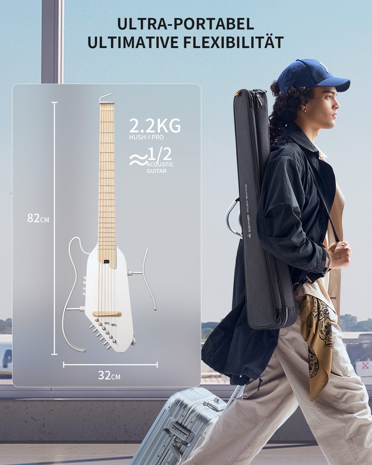 Donner Akustikgitarre HUSH I PRO Reisegitarre Effekte Smart E-Gitarre Set mit Kopfhörer, Matt Federleichte kopflose Gitarre, Kopfhörer, Gigbag, Gurt, Ladekabel, – Bild 4 von 5