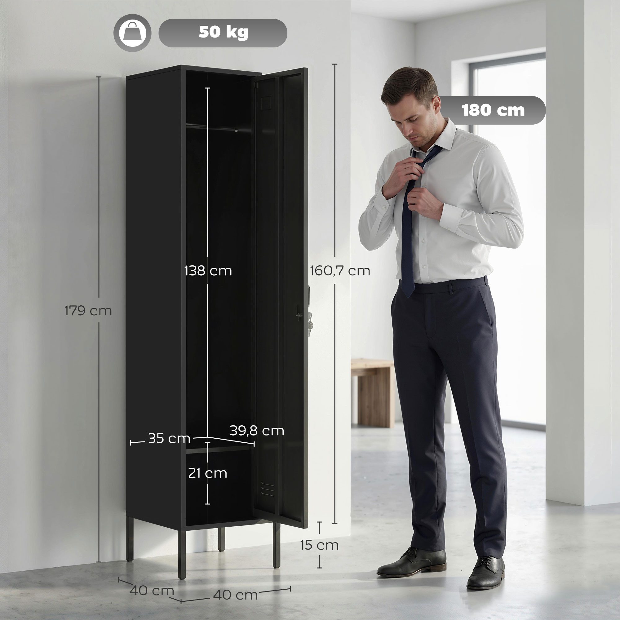 HOMCOM Spind mit Kleiderstange, Namensschildhalter, Lüftungsschlitze und Ablage (Aufbewahrungsschrank, 1-St., Abschließbar Schließfachschrank) Aufbewahrungsschrank 40x40x179cm Schwarz