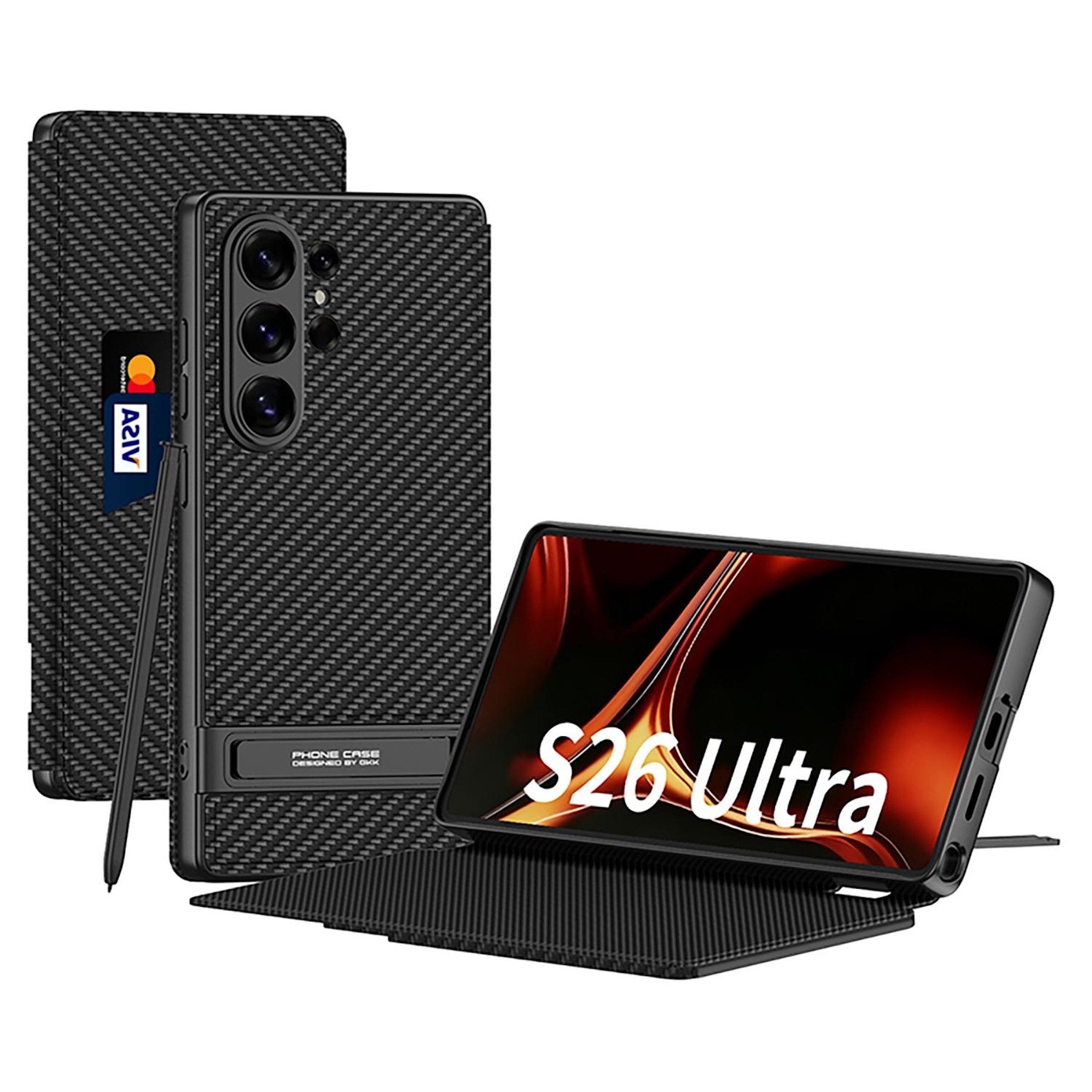 Wigento Handyhülle Für Samsung Galaxy S26 Ultra 5G Leder Tasche Book Hülle Carbon Schwarz 6.9, Kartenfächer, Standfunktion