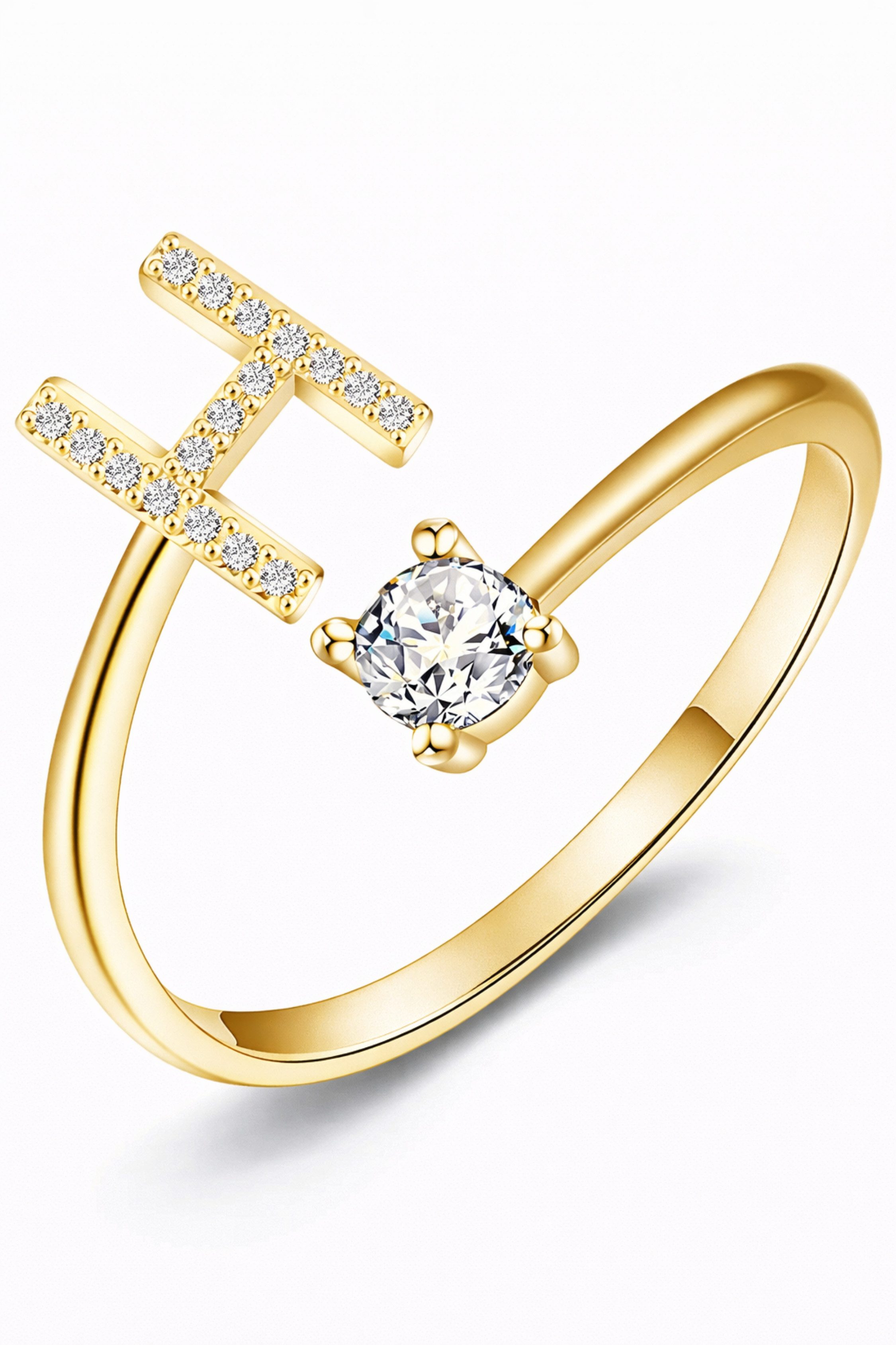 S&T Design Fingerring Buchstaben Ring Damen 14K Gold Vergoldet Silber Verstellbar Wasserfest (Goldring Geschenke für Frauen Freundin Mädchen Schmuck, 1-tlg., Buchstabenring), Damenring langlebigem Edelstahl Verstellbare Größe 50 - 60 Modeschmuck