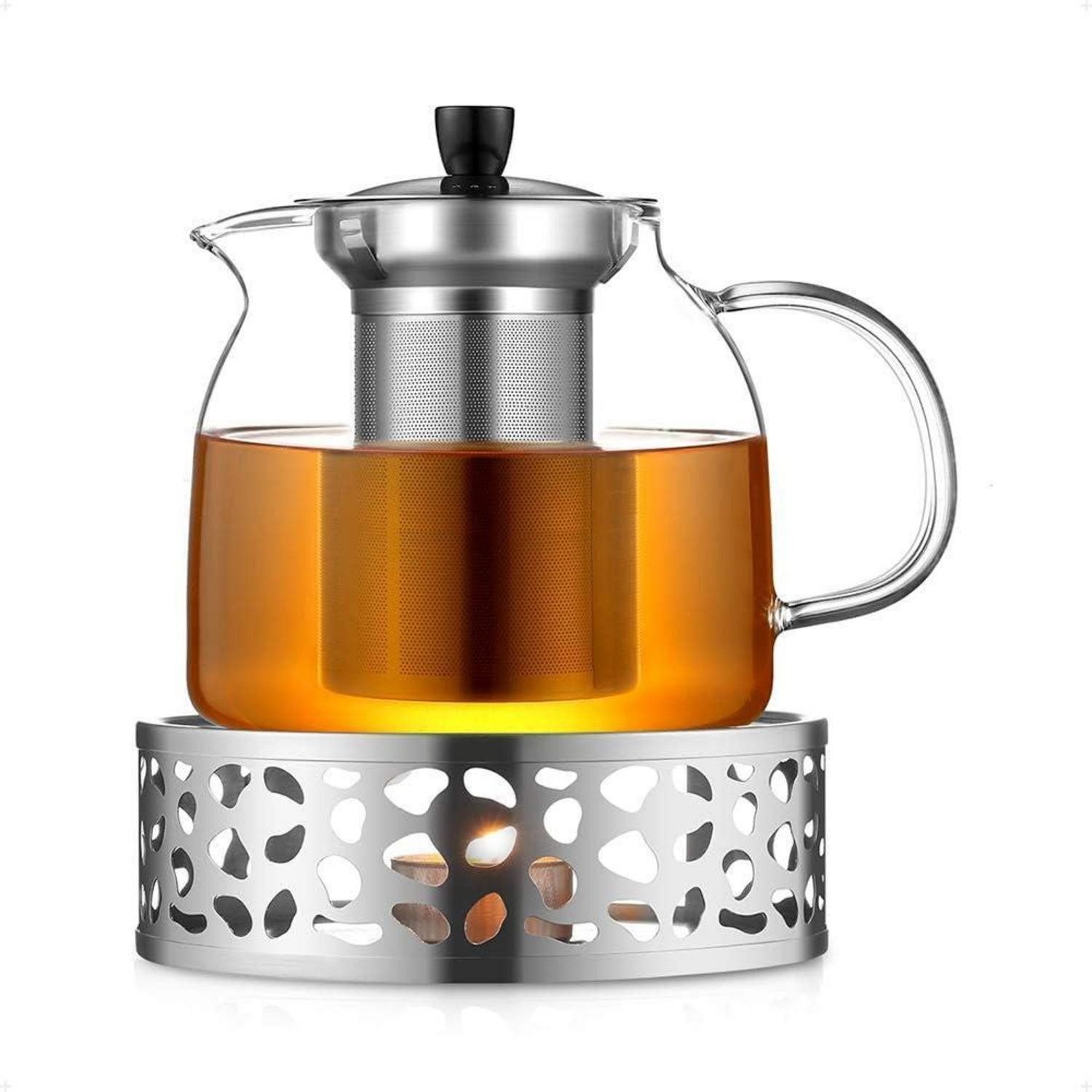 LuxusKollektion Teekanne Teekanne mit Stövchen 1000ml Borosilikatglas Edelstahl Teewärmer