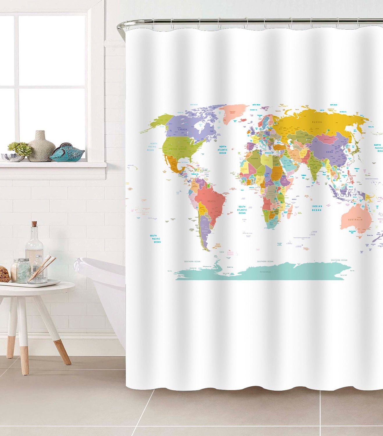 Duschvorhang Weltkarte 180x180cm - Anti-Schimmel, Wasserdicht, 3D Design, Polyester
