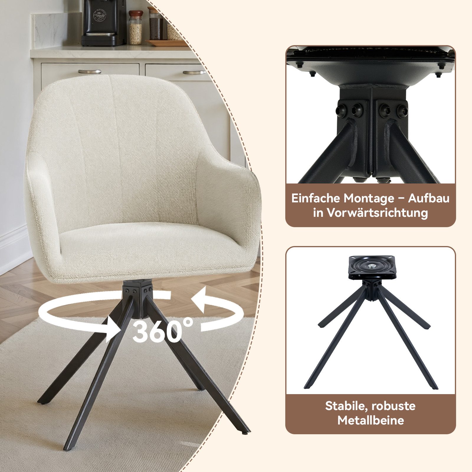 HawthyHome Polsterstuhl 360° drehbar mit Armlehne und Metallbeinen, 4-Fußstuhl (1 St), Moderner Küchenstuhl Esszimmerstuhl für Wohnzimmer & Büro – Bild 4 von 5
