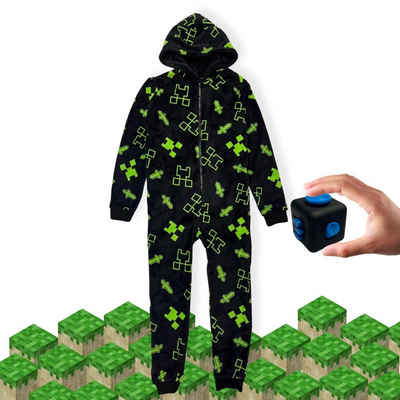 Bada Bing Jumpsuit Minecraft Overall mit Cube Pyjama für Kinder und Jugendliche (10-12 Jahren, Довжина von ca. 140 cm) Mit Kapuze und Reißverschluss