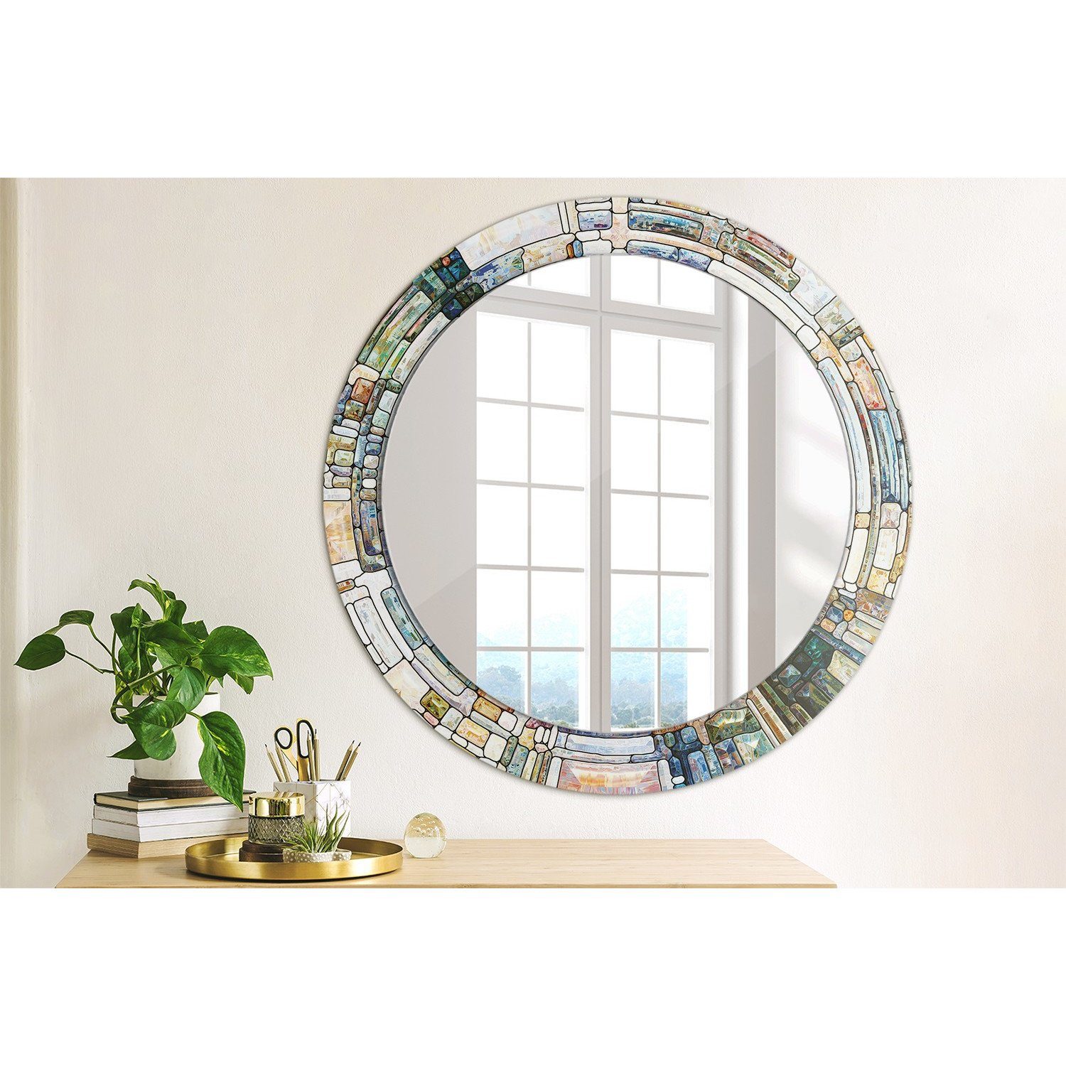 Ø70 Wohnzimmer cm, Rundspiegel Rund: Dekospiegel Spiegel Tulup mit Glas Wandspiegel Aufdruck Badezimmerspiegel Gebeizt