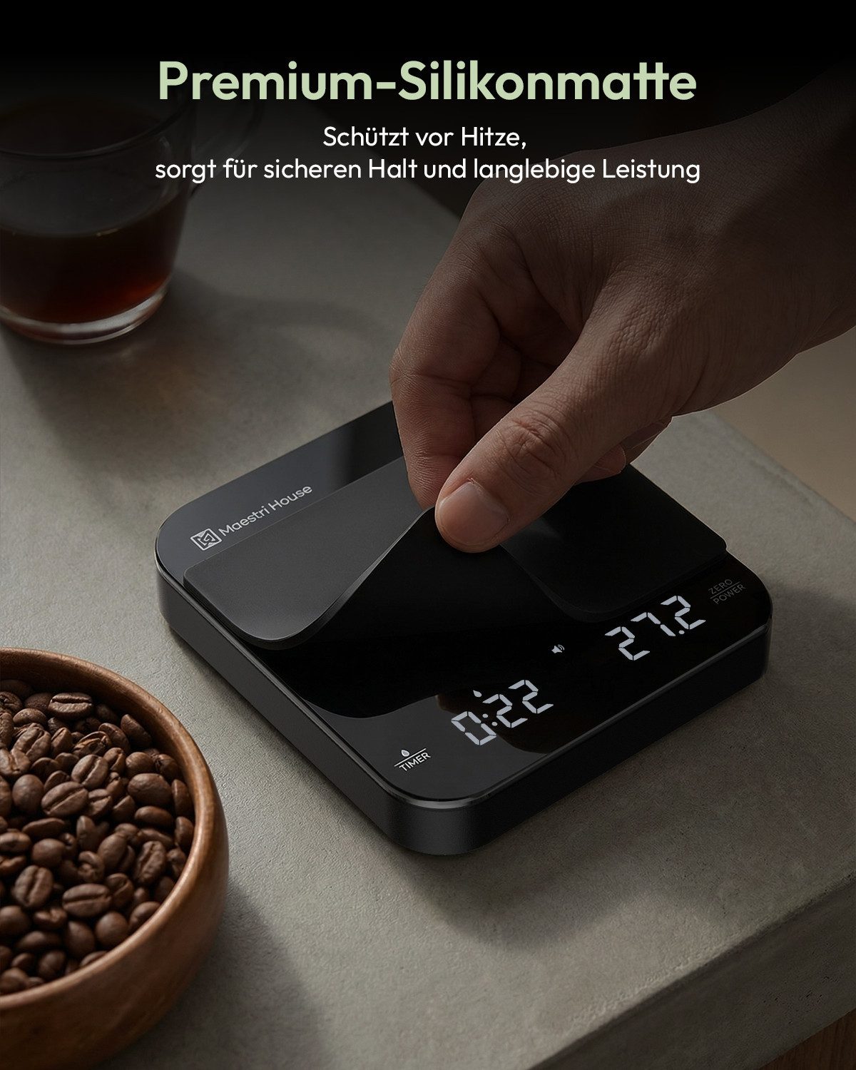 Maestri House Küchenwaage K112 Espressowaage mit Auto-Timer, 0,1 g / 2 kg, (1-tlg., Glasoberfläche für Espresso und Pour Over), Touch-Bedienung, USB-C, Tara, St – Bild 5 von 5