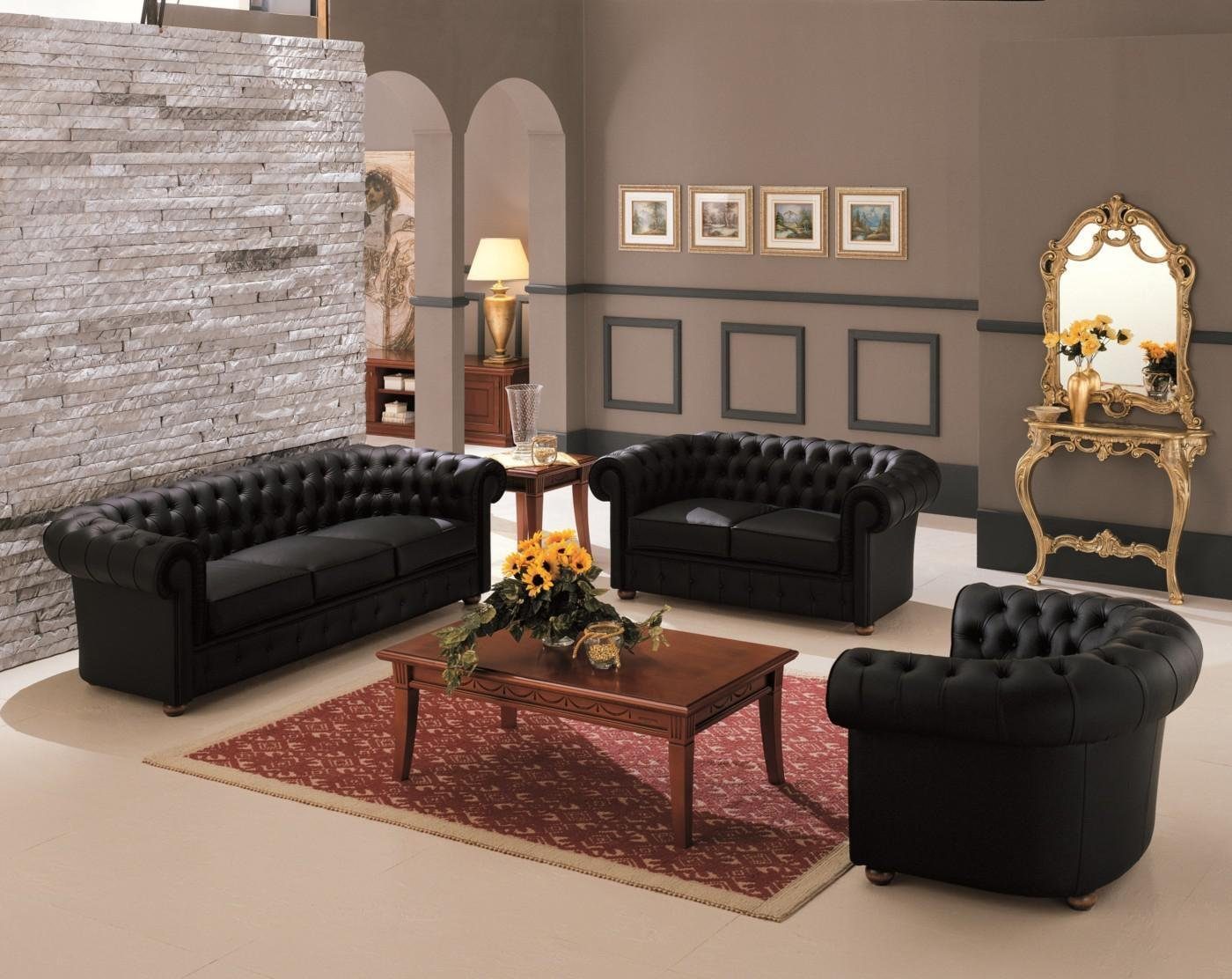 100% Sofa/Sessel), Leder Chesterfield Wohnzimmer-Set 3-Sitzer Sofa/2-Sitzer Polster Couch in JVmoebel Europa Sofagarnitur 3+2+1 (3-St., Sitzer Sofort, Made