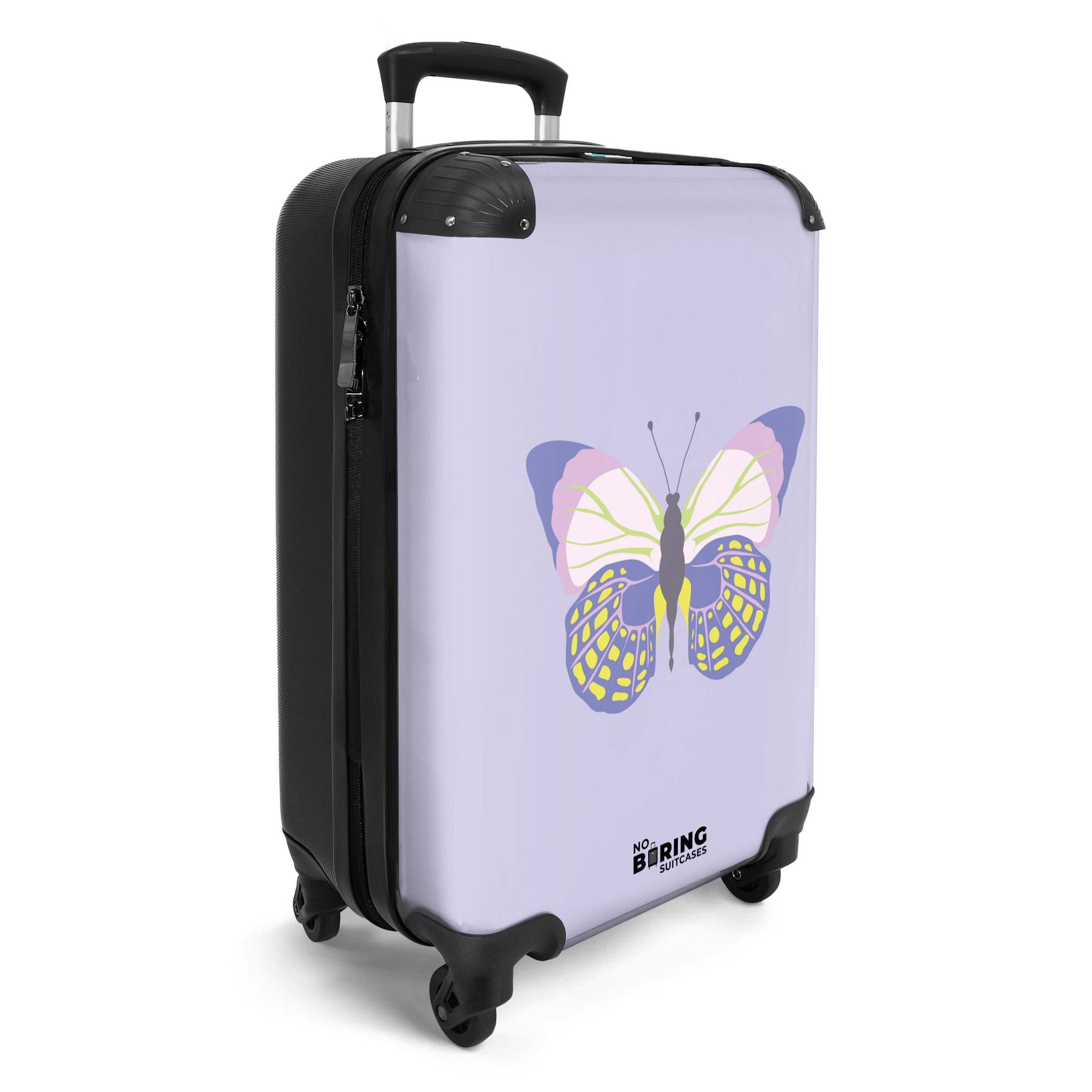 NoBoringSuitcases.com© Hartschalen-Trolley Lila mit buntem Schmetterling günstig online kaufen