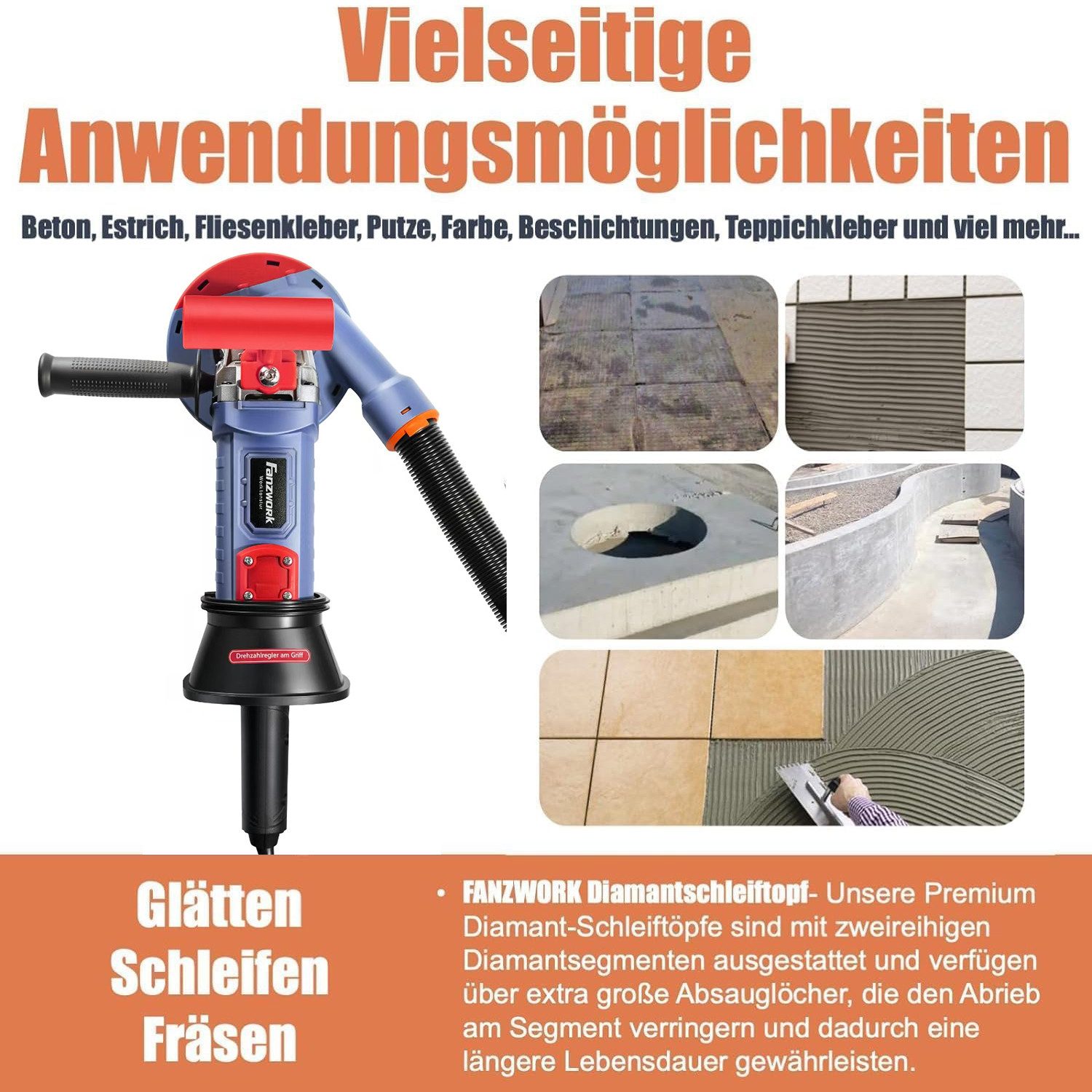 Fanzwork Winkelschleifer 1500W Betonschleifer Drehzahlregelbar, inkl.125mm Diamantschleiftopf, Ideal für Beton, Estrich und Fliesenkleber Schleifen