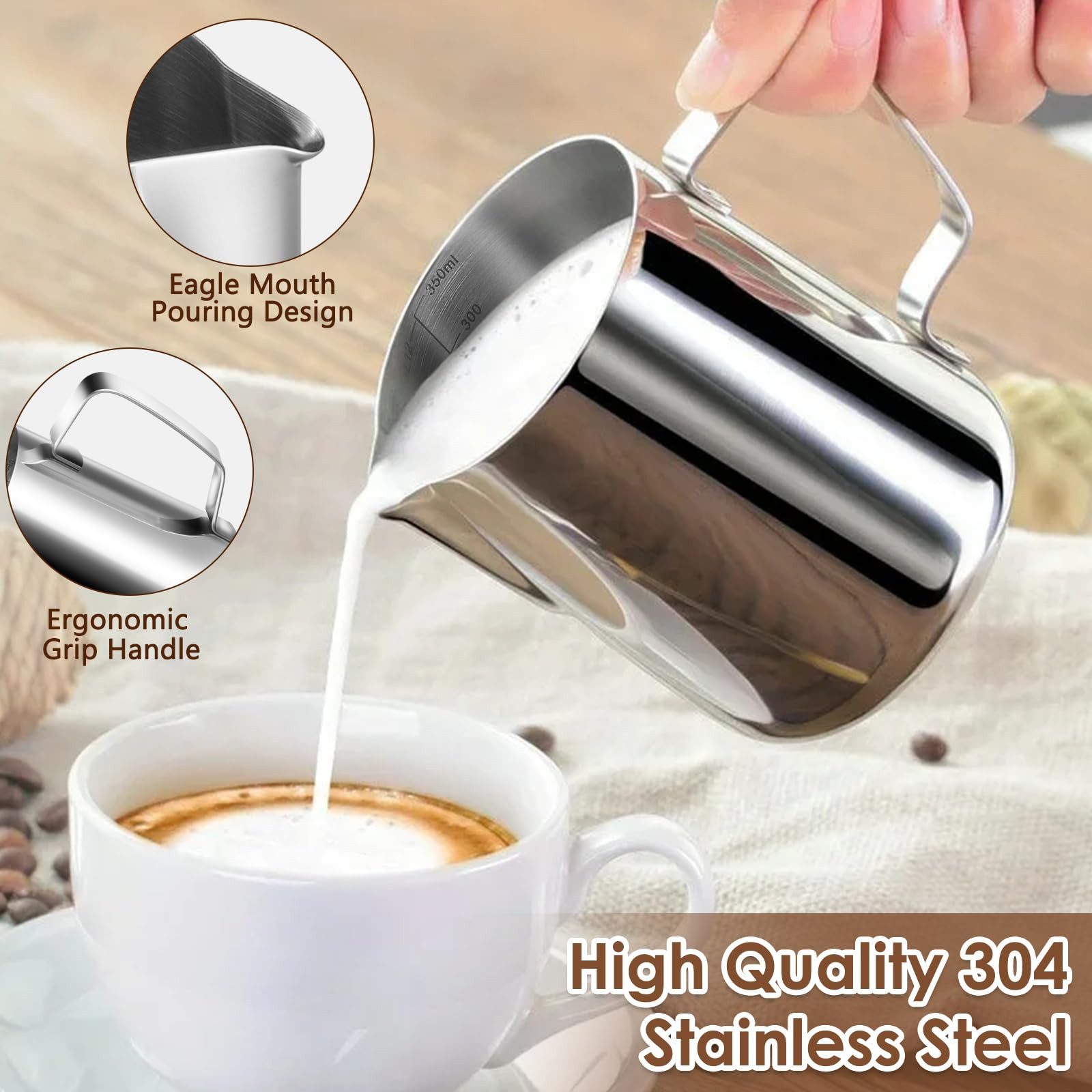 SURFOU Milchkännchen Edelstahl Milchkanne Barista Zubehör Milchaufschäumer Milchbehälter, 0.35 l, (Handheld Aufschäumkännchen Set, Kaffee Creamer Milch Aufschäumer Kännchen Tasse mit Messung Mark und Latte Art Pen, Milchkännchen perfekt für Barista Cappuccino Espresso, 350ML, 600ML), Geeignet für Cafés, Haushalte, Restaurants und Büros