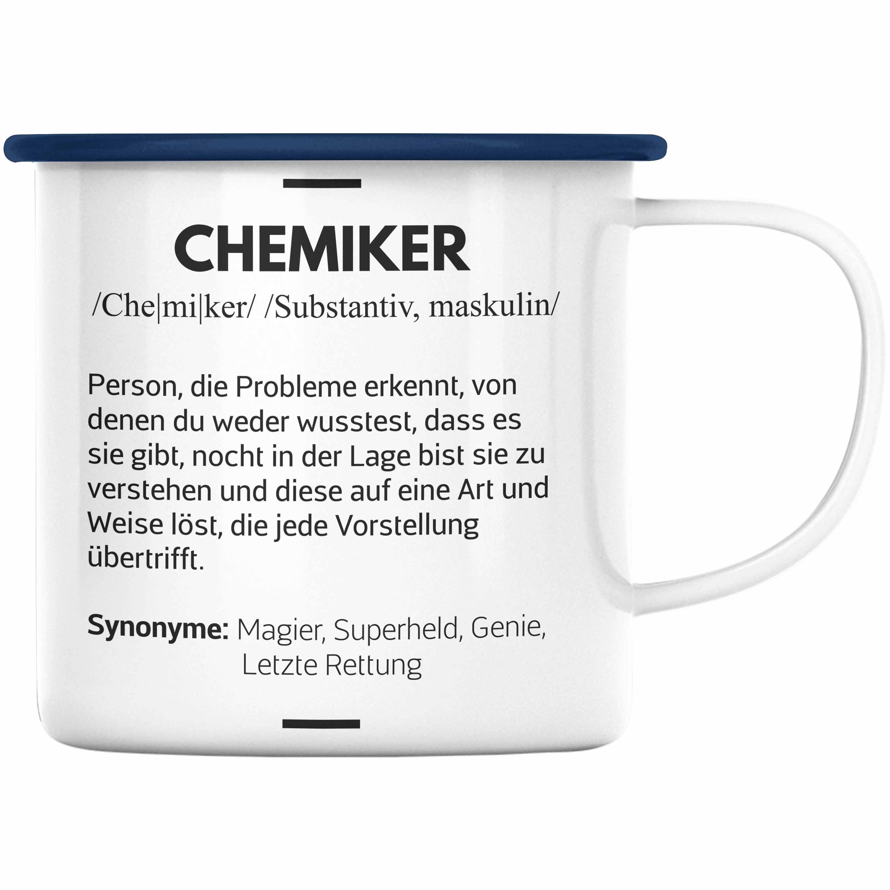 Trendation Thermotasse Trendation - Chemiker Geschenke Emaille Tassen Emaille Tasse Chemielaborant Chemie Geschenk Chemielabor Gadget Geschenkidee Lustig Blau