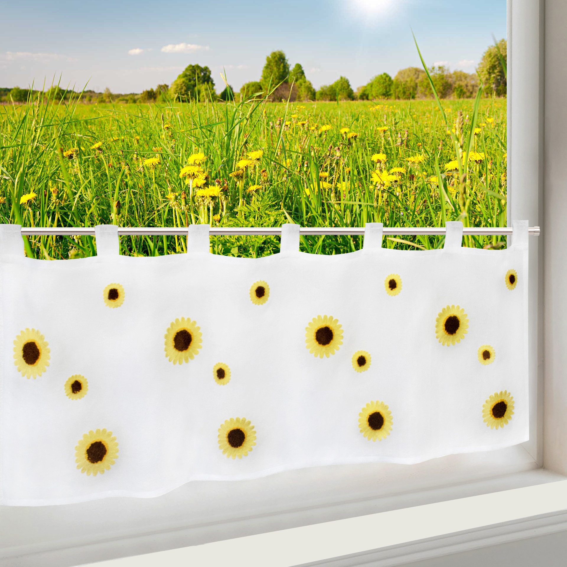 Delindo Lifestyle Scheibengardine bestickte Sonnenblumen, Bistrogardine günstig online kaufen