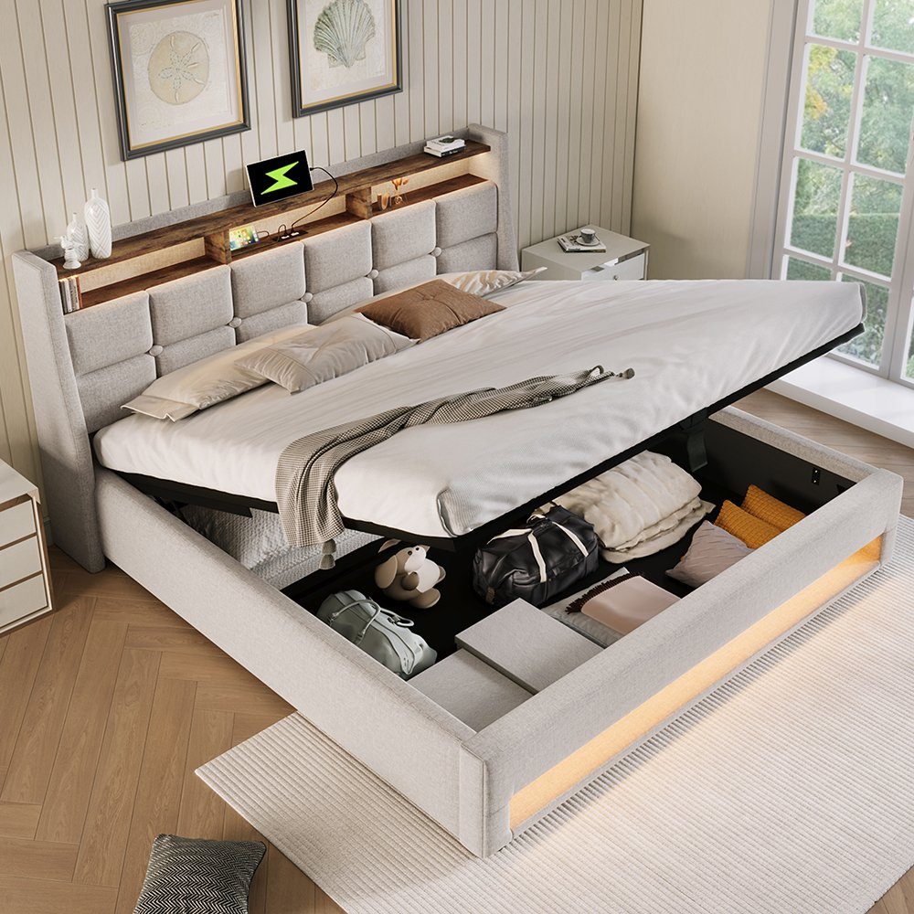 Polsterbett (Funktionsbett, 140x200 cm Hydraulisches Bett mit Lattenrost), Stauraumbett mit LED-Beleuchtung und USB-Anschluss, Baumwolle-Leinen