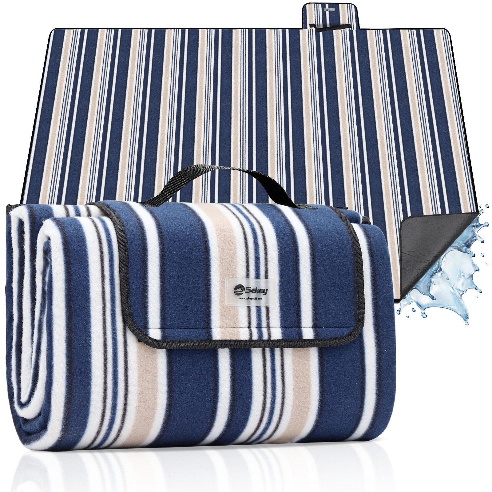 Picknickdecke XXL Picknickdecke 200x200 cm Wasserdicht, Faltbare Campingdecke Fleece, Sekey, aus Drei Lagen, Stranddecke 4 bis 6 Personen mit tragbarem Griff