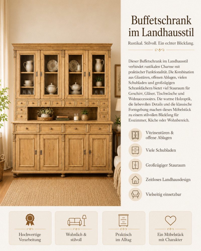 Wohnpalast Buffet Landhaus Buffet Schrank - Massivholz Kredenz
