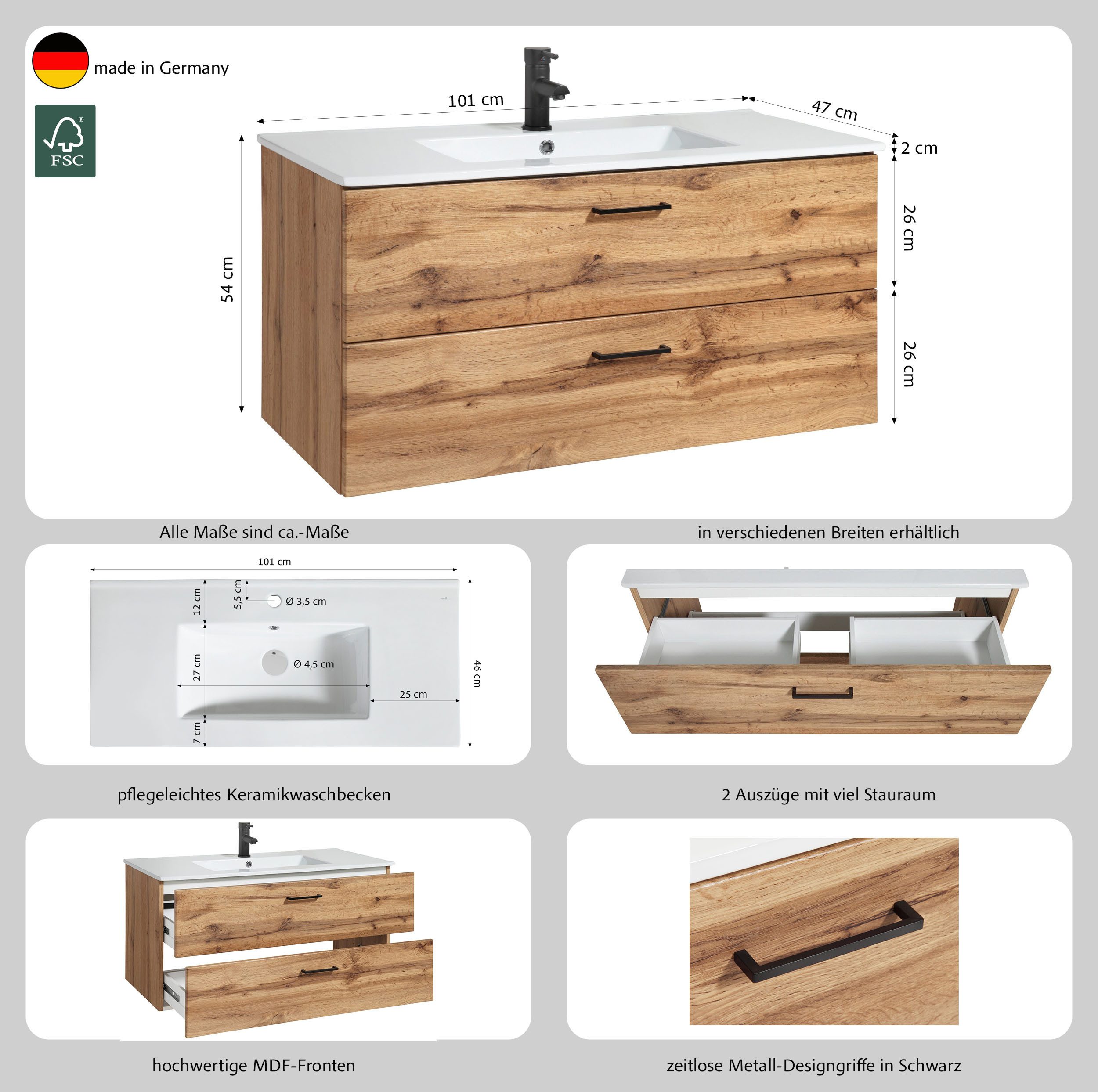 welltime Waschtisch Trento in verschiedenen Ausführungen Unterschrank inkl. Waschbecken, Badmöbel in Breite 100 cm, Waschplatz mit 2 Schubladen, Badschrank