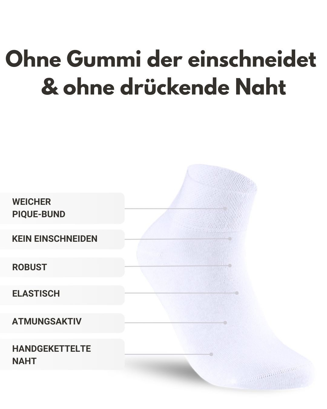 sockenkauf24 Diabetikersocken kurz ohne Gummibund & ohne Naht Quarter Diabetiker Socken Baumwolle (Set, 10-Paar) Diabetiker Socken mit Komfortbund ohne Gummi für Damen & Herren