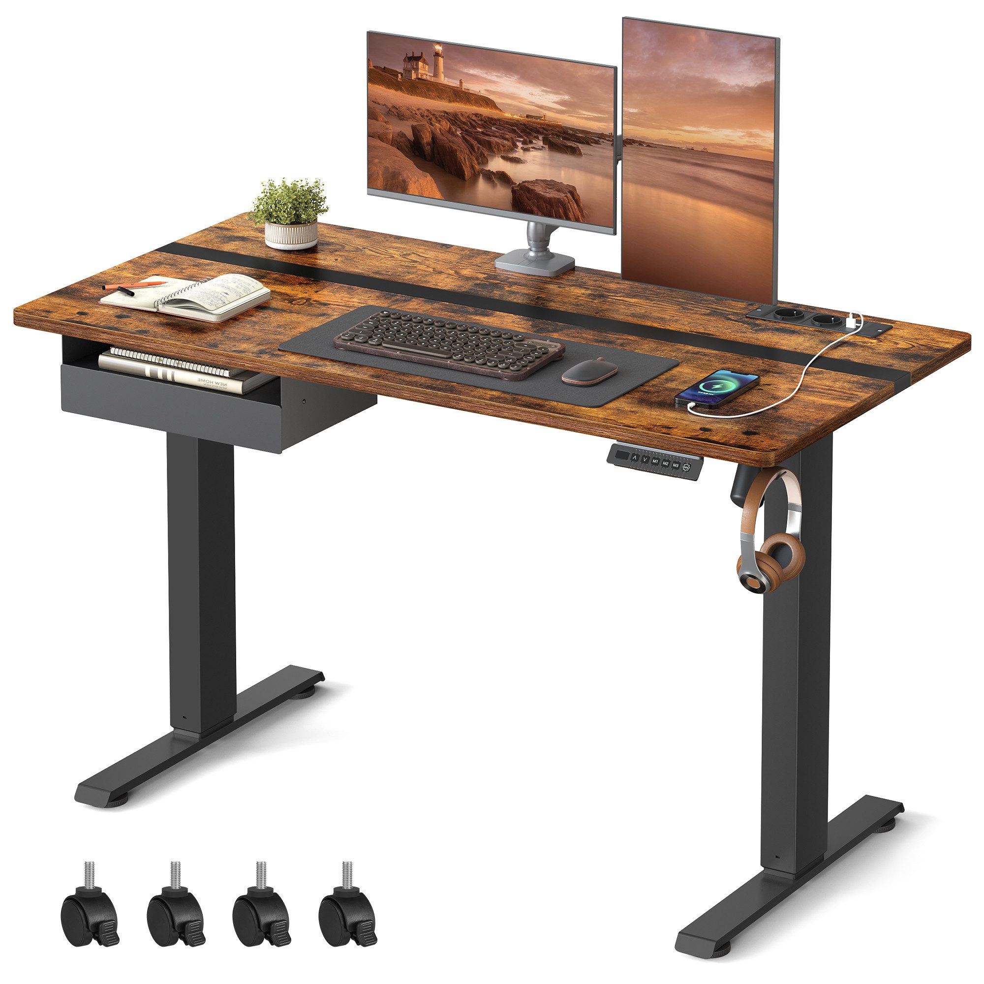 Furologee Beistelltisch Mit Stoffschublade – 60 Cm Hoch, Rustikal Braun/schwarz, 2 Ebenen