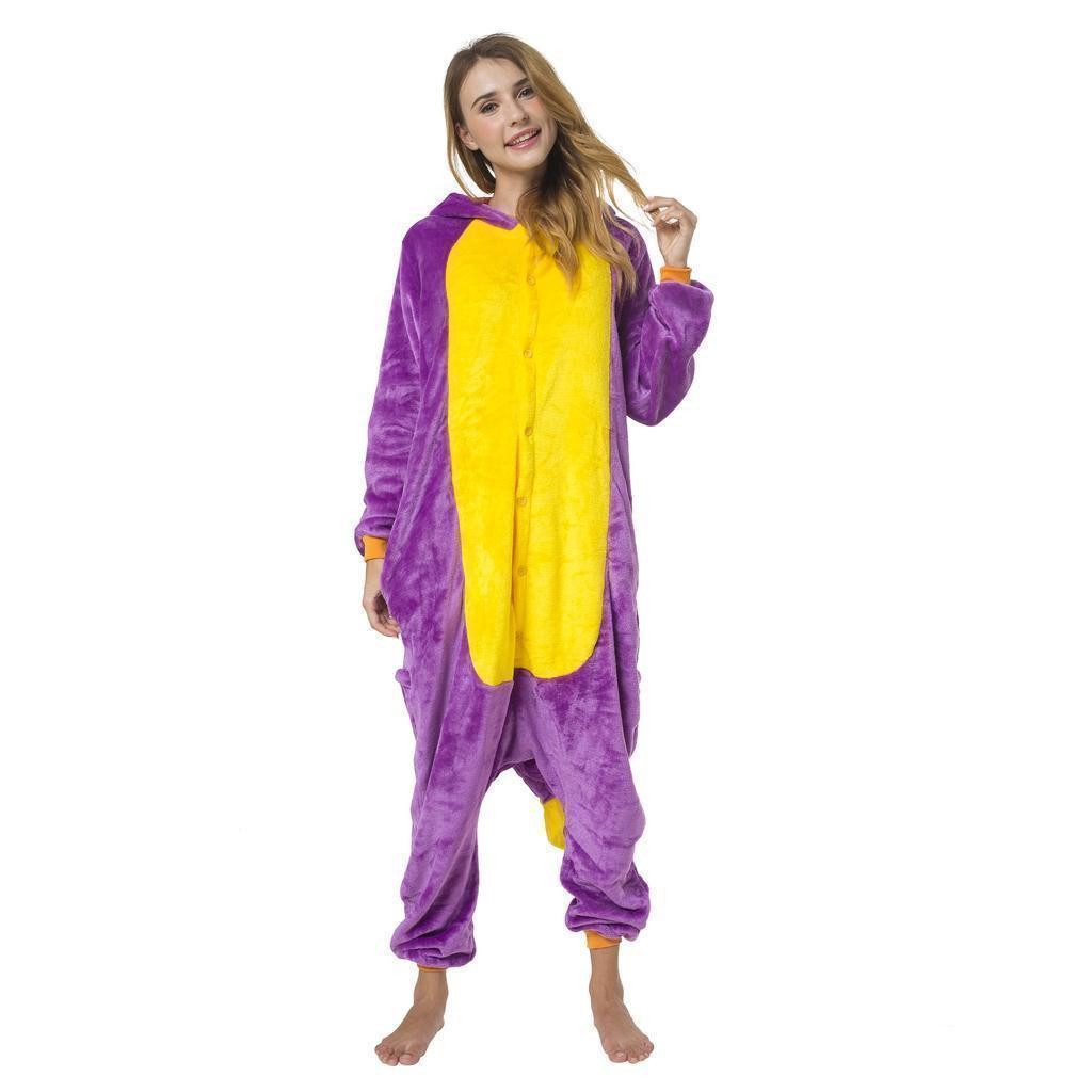 Katara Partyanzug Fantasy Figuren Jumpsuit Kostüm Erwachsene S-XL, Karneval - Kostüm, Kigurumi - Dinosaurier lila-gelb S (145-155cm)