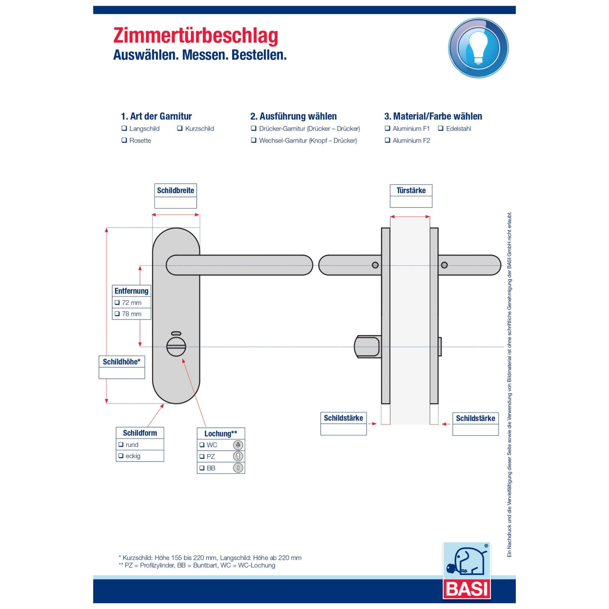 BASI Türbeschlag Kurzschild-Garnitur 72/8 mm, Edelstahl Türbeschlag (Packung), PZ Profilzylinder-Lochung, Drücker in U-Form, für Türstärken 38-45 mm – Bild 3 von 3
