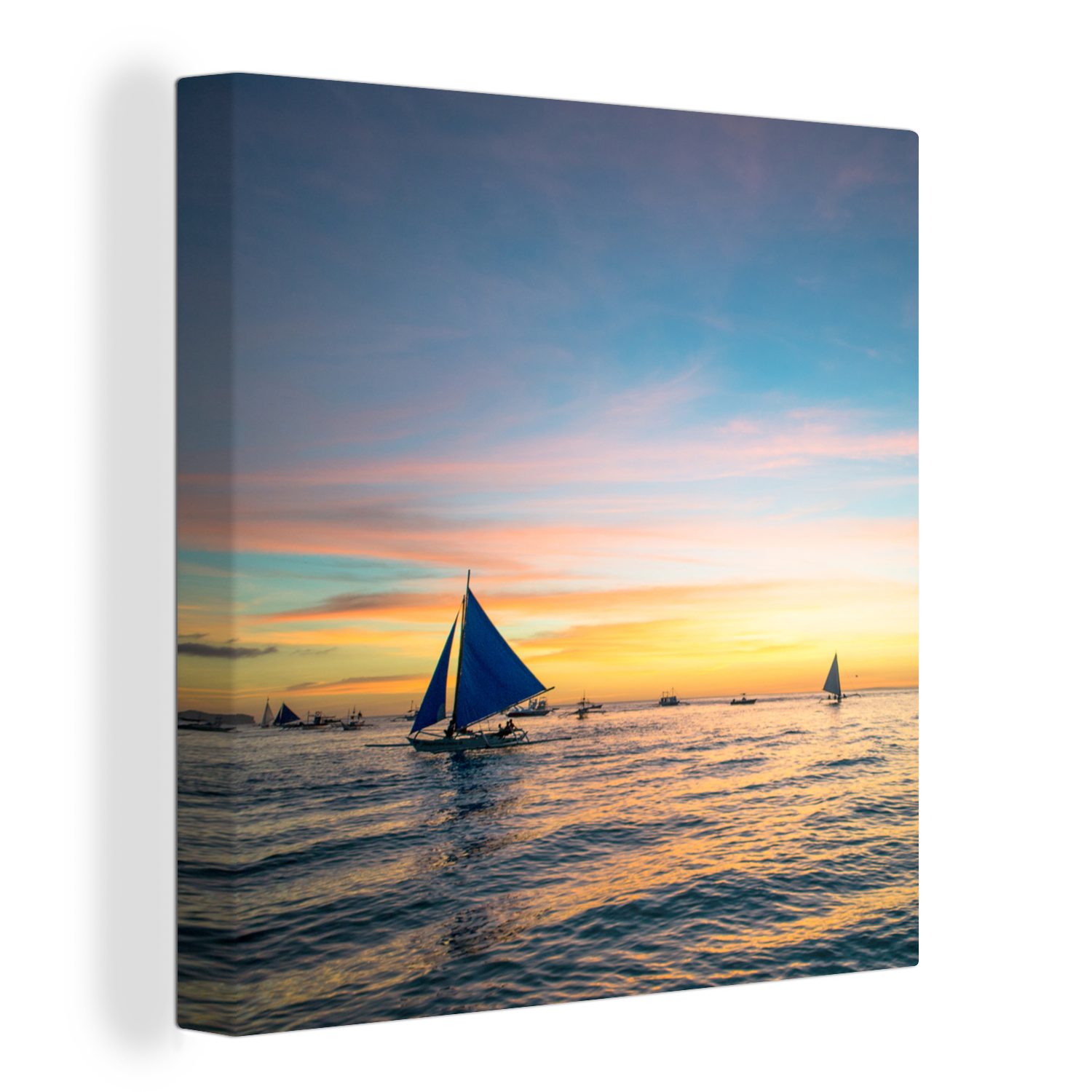 OneMillionCanvasses® Leinwandbild Sonnenuntergang mit Segelbooten auf dem Wasser von Boracay, (1 St), Leinwand Bilder für Wohnzimmer Schlafzimmer