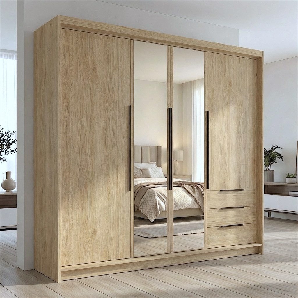 A&J MöbelLand GmbH Drehtürenschrank VIVO mit integrierten Schubladen (Geräumiger vier¬türiger Kleiderschrank mit Schubladen und Metallgriffen. Geräumiger Schrank mit einer Breite von 200 cm und Schubladen, ideal zur Aufbewahrung von Kleidung und Accessoires. Viel Stauraum. TOP PRODUKT! Wählen Sie das ideale Modell für Ihr Schlafzimmer!, TOP ANGEBOT) Breite: 200 cm, Höhe: 215 cm, Tiefe: 59,5 cm