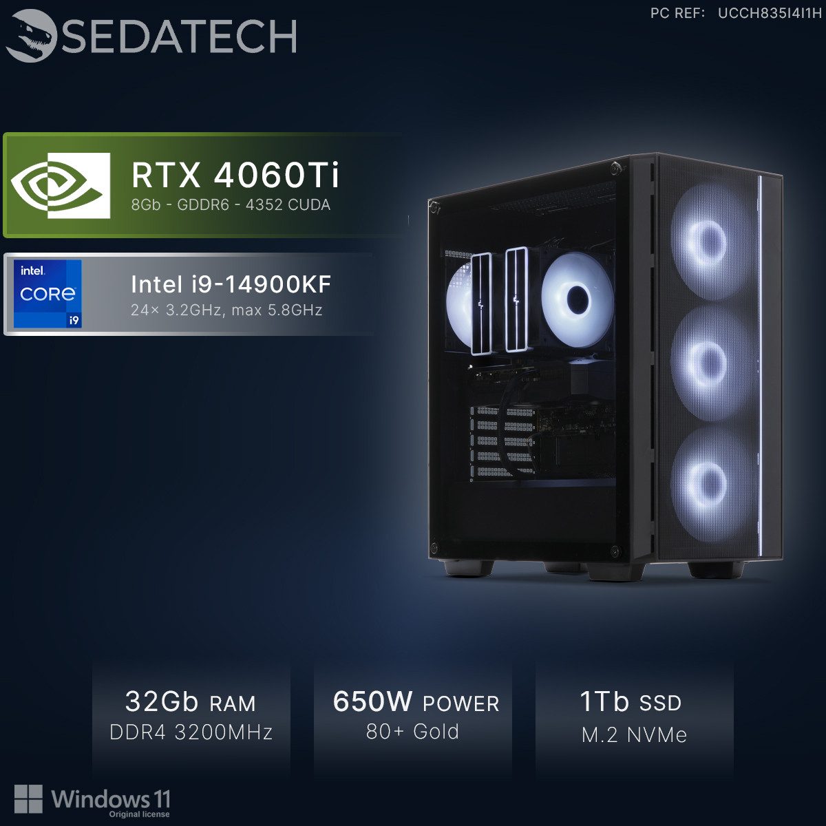 Sedatech UCCH835I4I1HF - Gaming-PC (Intel Core i9 14900KF 24x 3.2GHz (max 5.8GHz), Geforce RTX4060Ti 8GB, 32 GB RAM, 1000 GB SSD, Wlan 6)