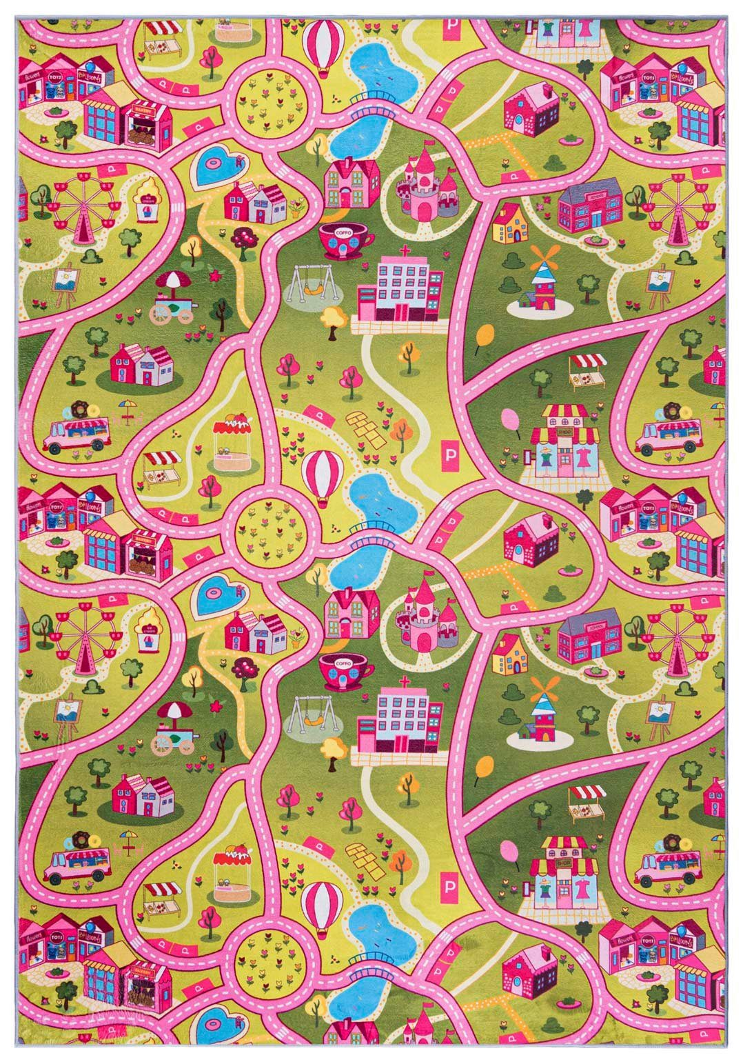 Mazovia Kinderteppich Kinderteppich Spiel Teppich Kinderzimmerteppich Straße Rosa Grün, 80 x 150 cm, Fußbodenheizung, Allergiker geeignet, Rutschfest