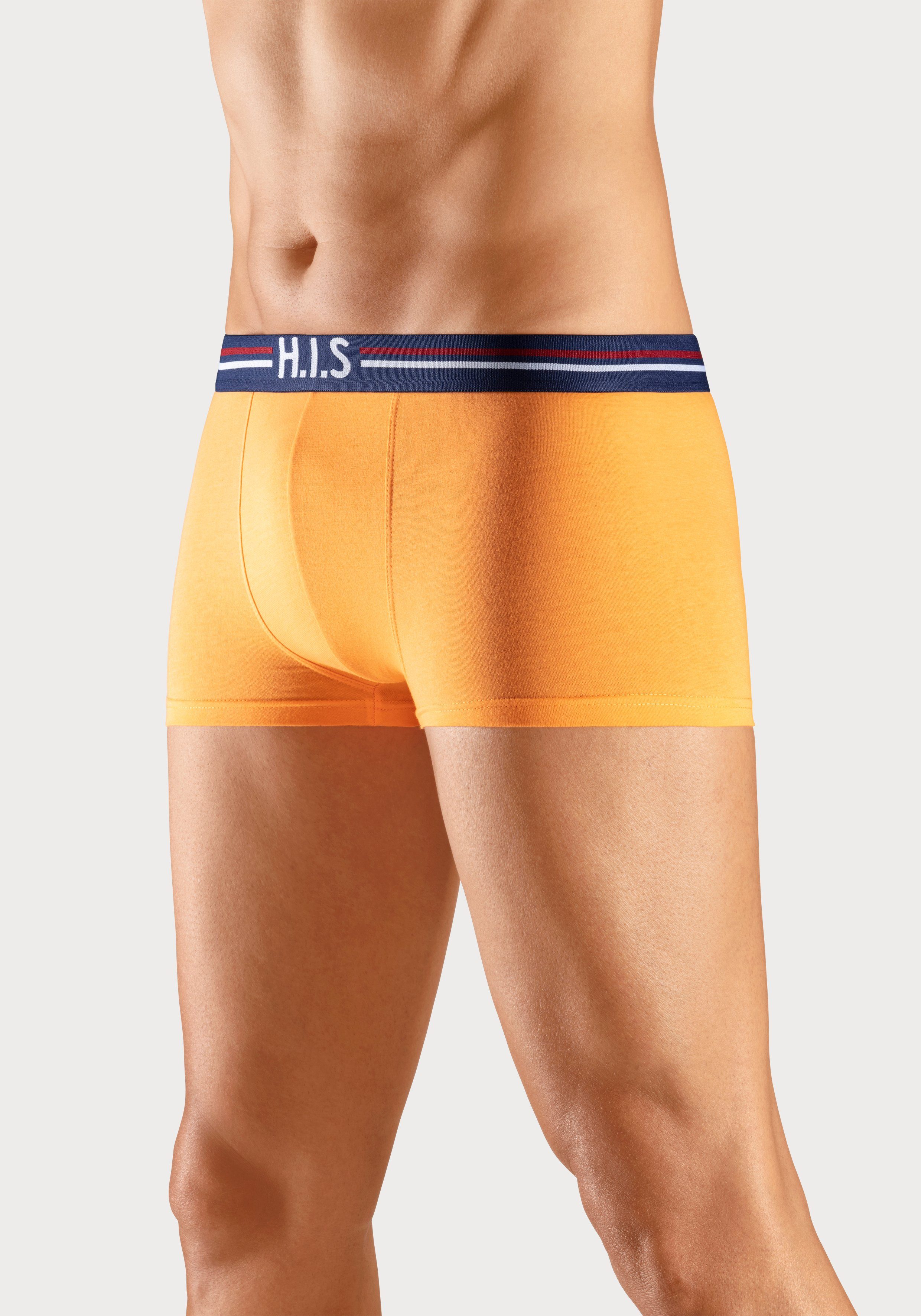 (Packung, orange, Bund mint, grau-meliert, Hipster-Form im Streifen navy, Boxershorts H.I.S in 5-St) und schwarz mit Markenlogo