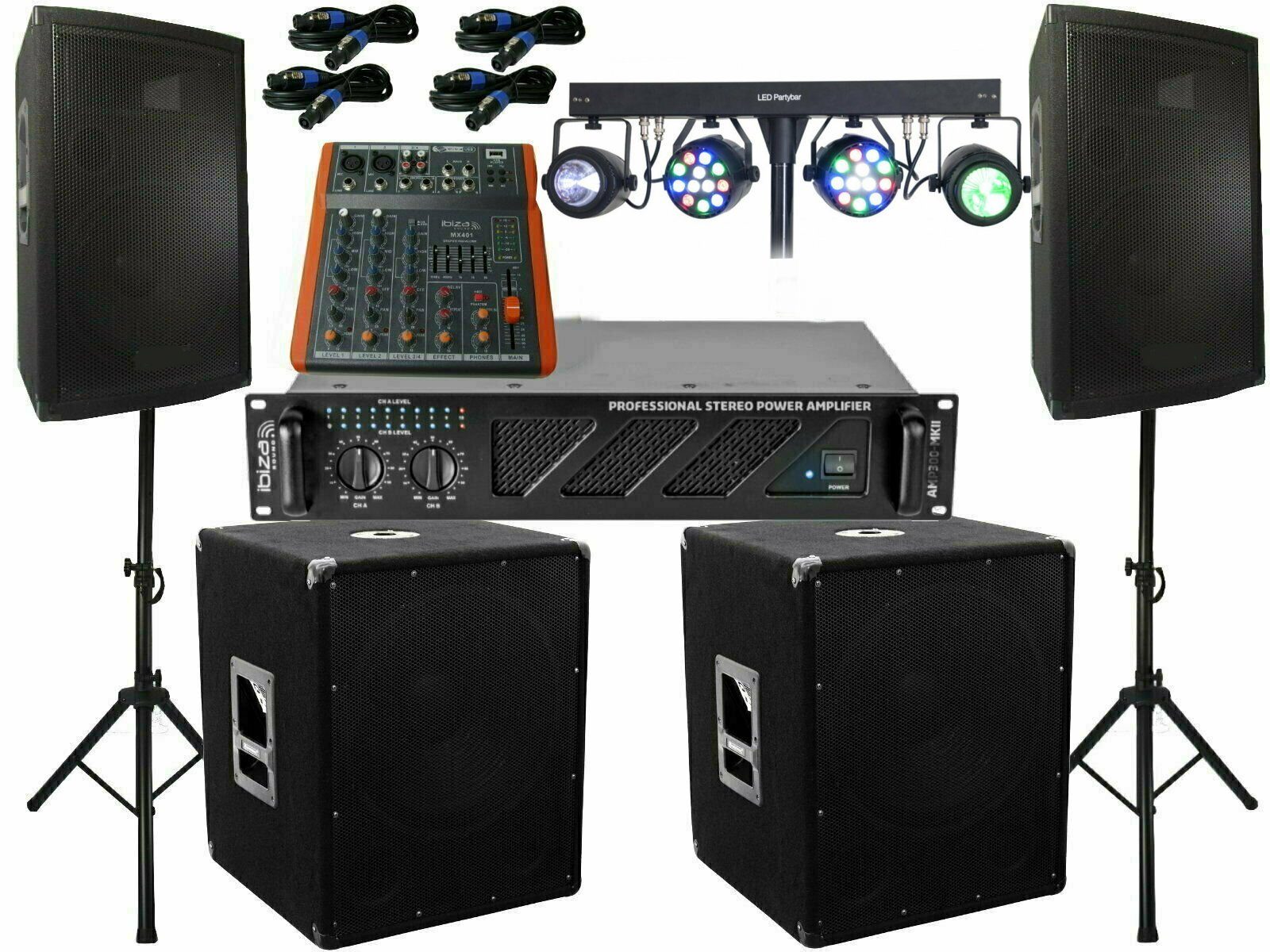 Das Komplett Set DJ 25 cm Boxen Stativ Subwoofer 3000 W LED Licht Lautsprecher
