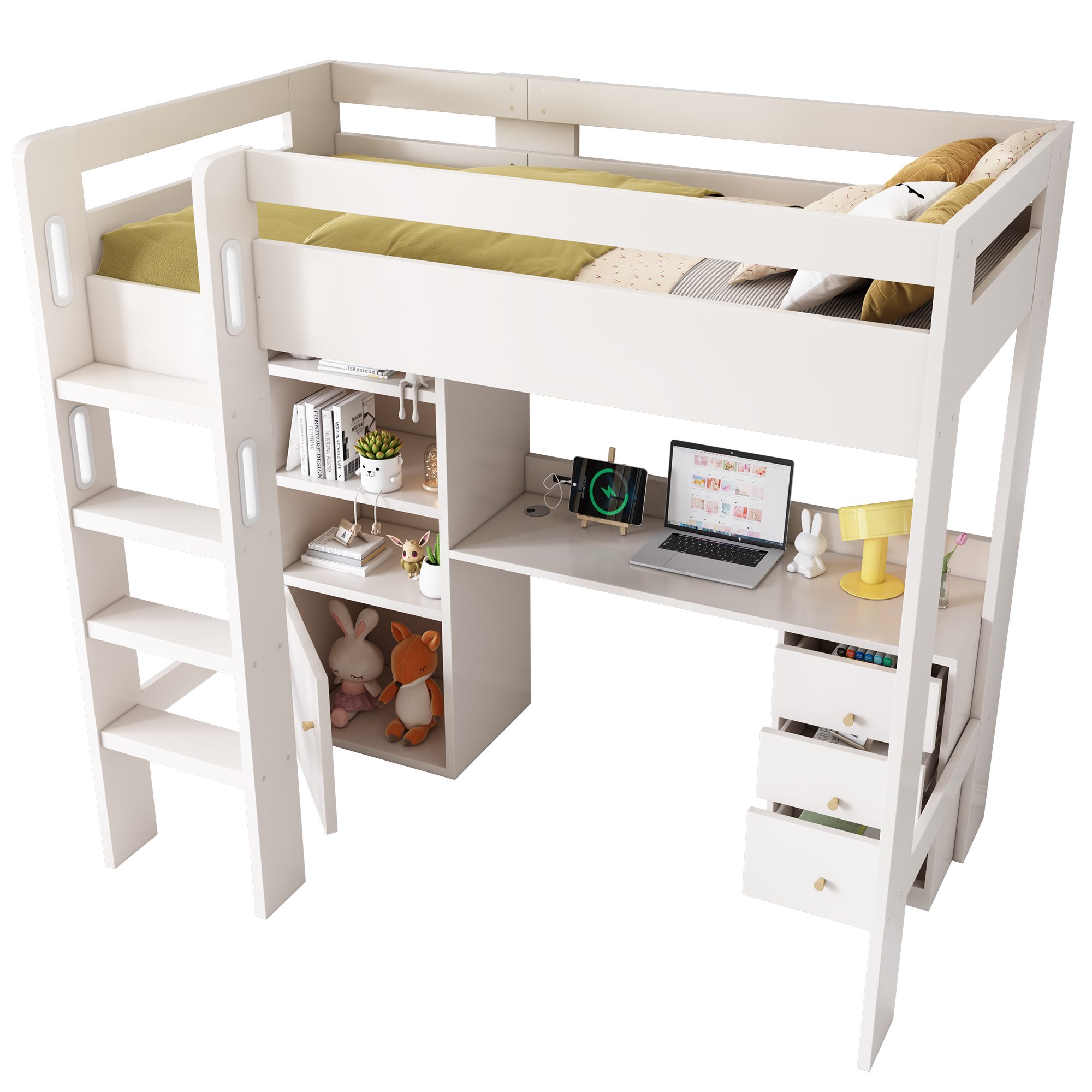 Ulife Hochbett Kinderbtt mit USB-C Schreibtisch, Kleiderschrank und Aktenschrank Jugendbett Einzelbett mit Treppe und Lattenrost, 90x200cm