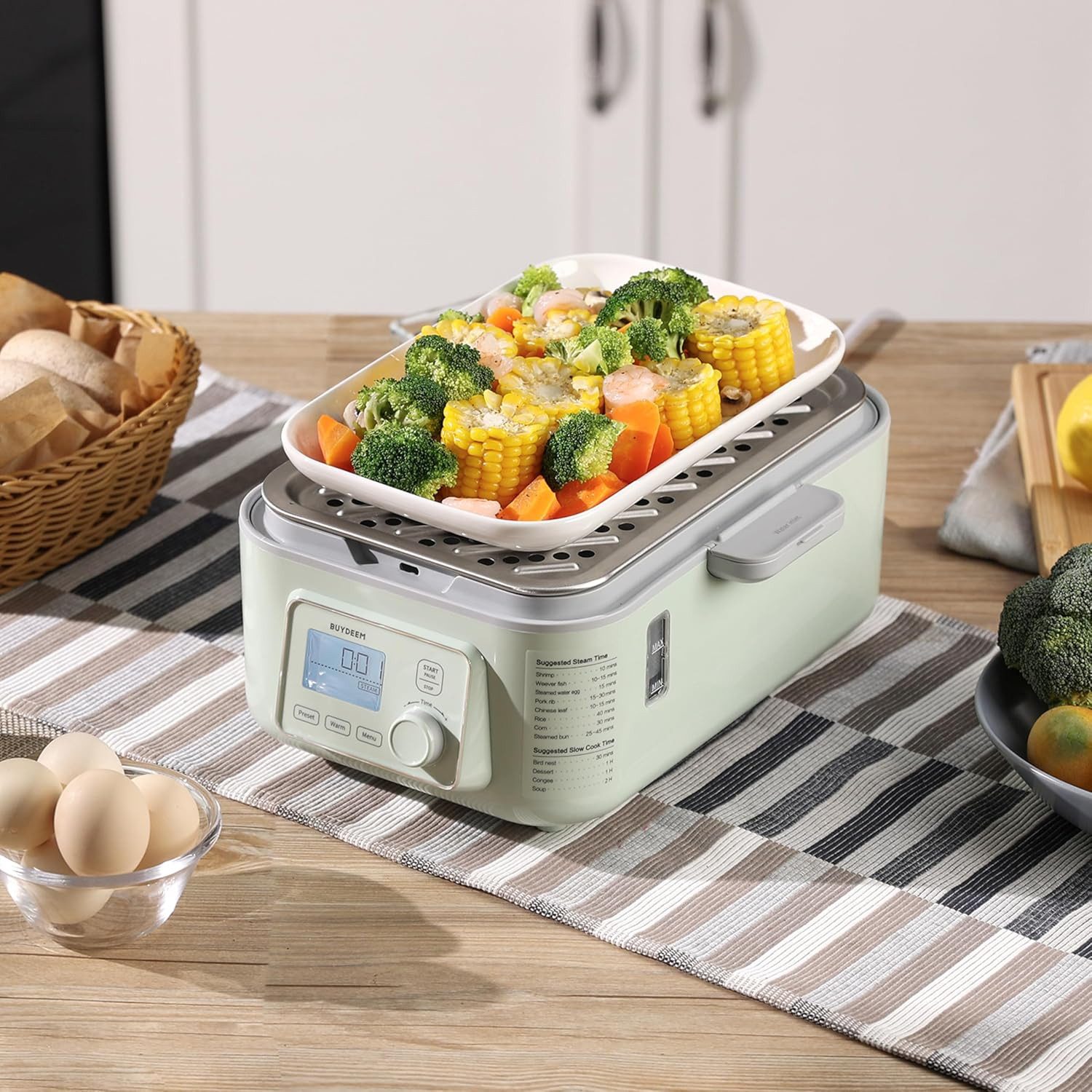 BUYDEEM Multikocher Multifunktionaler 5-in-1 Dampfgarer mit 6 Programmen, 1000 W, 5 oder 10 L Kapazität, Timer bis 18 Std., Anti-Tropf-Deckel & Zubehör