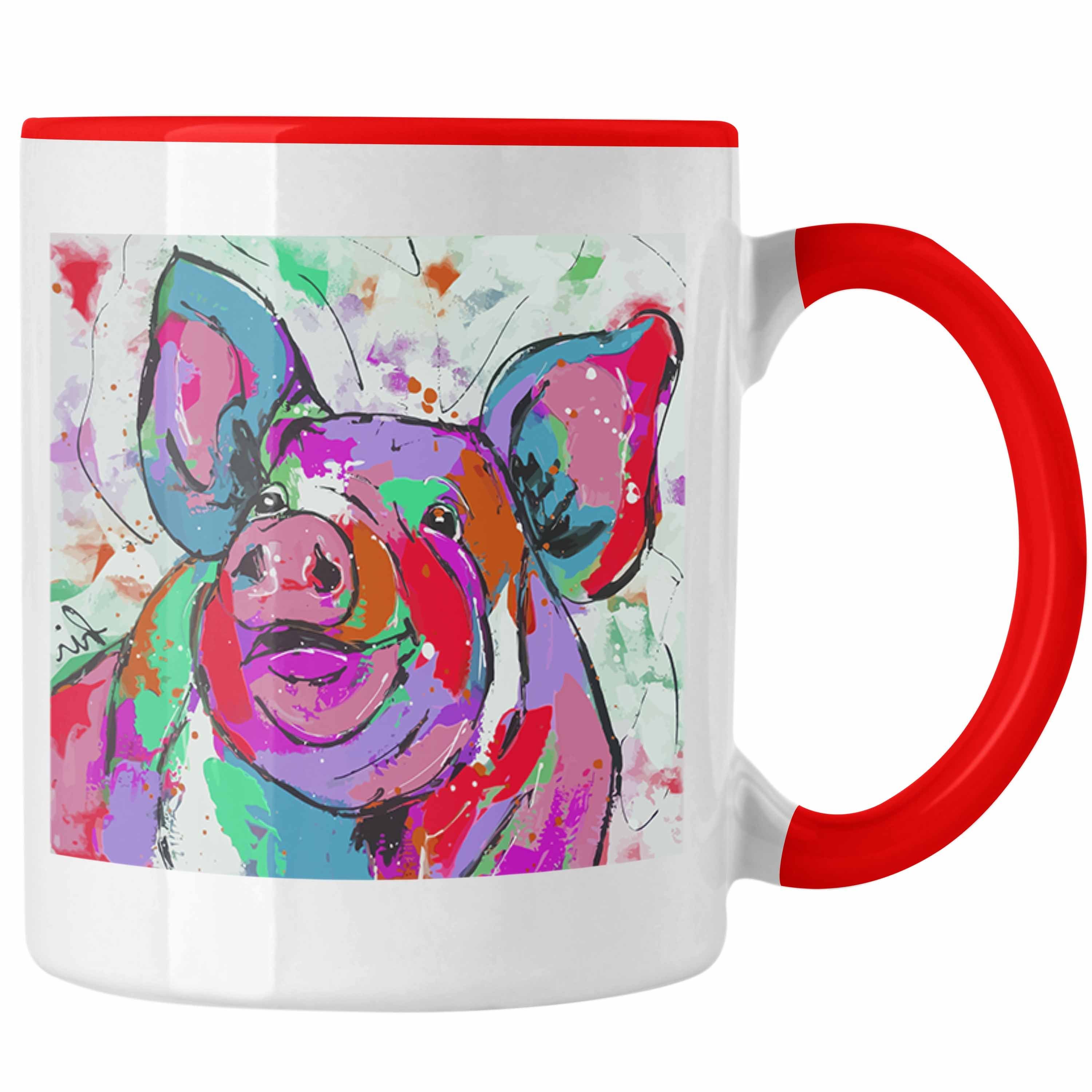 [Es ist seit dem Erscheinen des Verkaufs populär geworden] Trendation Tasse Trendation - Schwein Grafik Lustig Rot Ferkel Geschenk Tasse Schweine Bauern Polygon