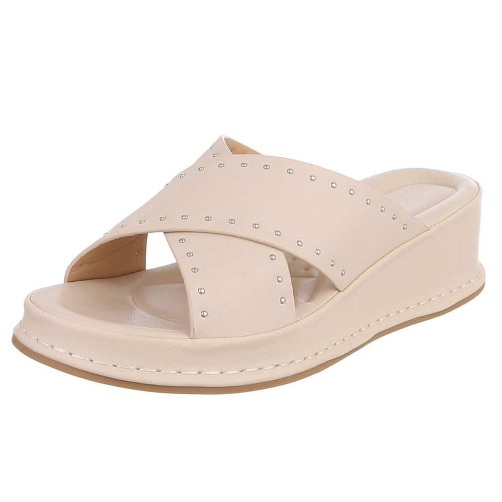 Ital-Design Damen Pantolette mit Nieten und Keilsohle Plateausandaletten (91971077) Keilabsatz/Wedge Keilsandaletten in Beige