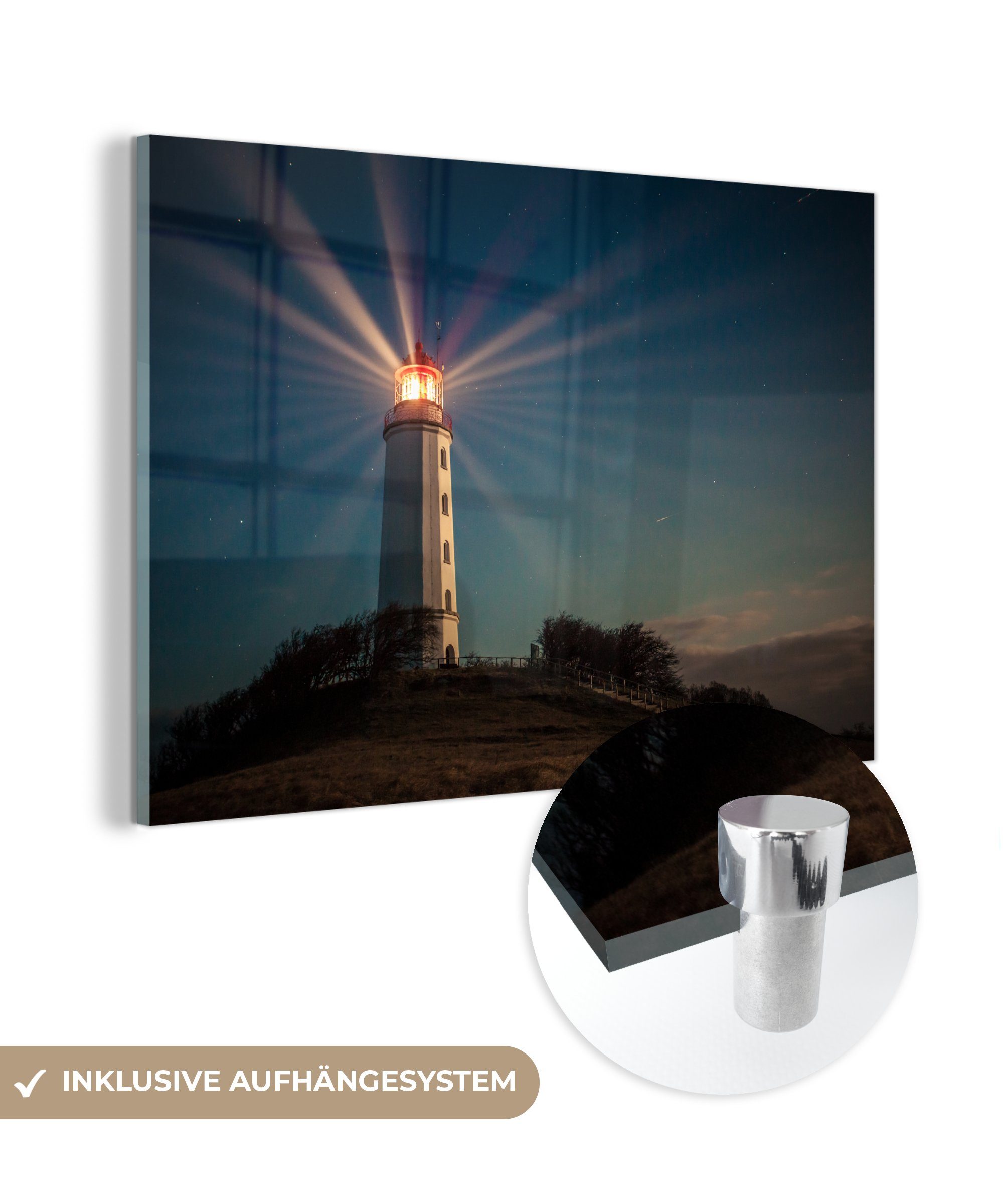 MuchoWow Acrylglasbild Leuchtturm auf einem Hügel leuchtend, (1 St), Acrylglasbilder Wohnzimmer & Schlafzimmer