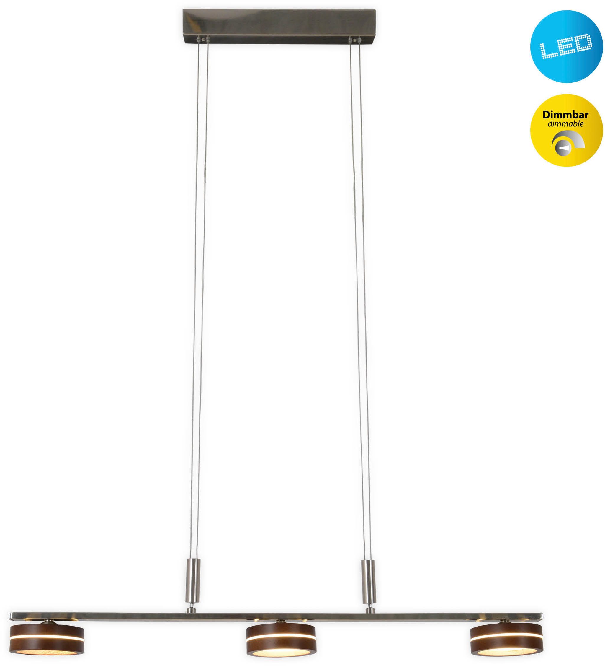 näve LED Pendelleuchte "Triberg", LED fest integriert, Warmweiß, 3 flg., Schirme Holz (Eiche), Wanddimmer, Höhe verstellbar 80-150cm
