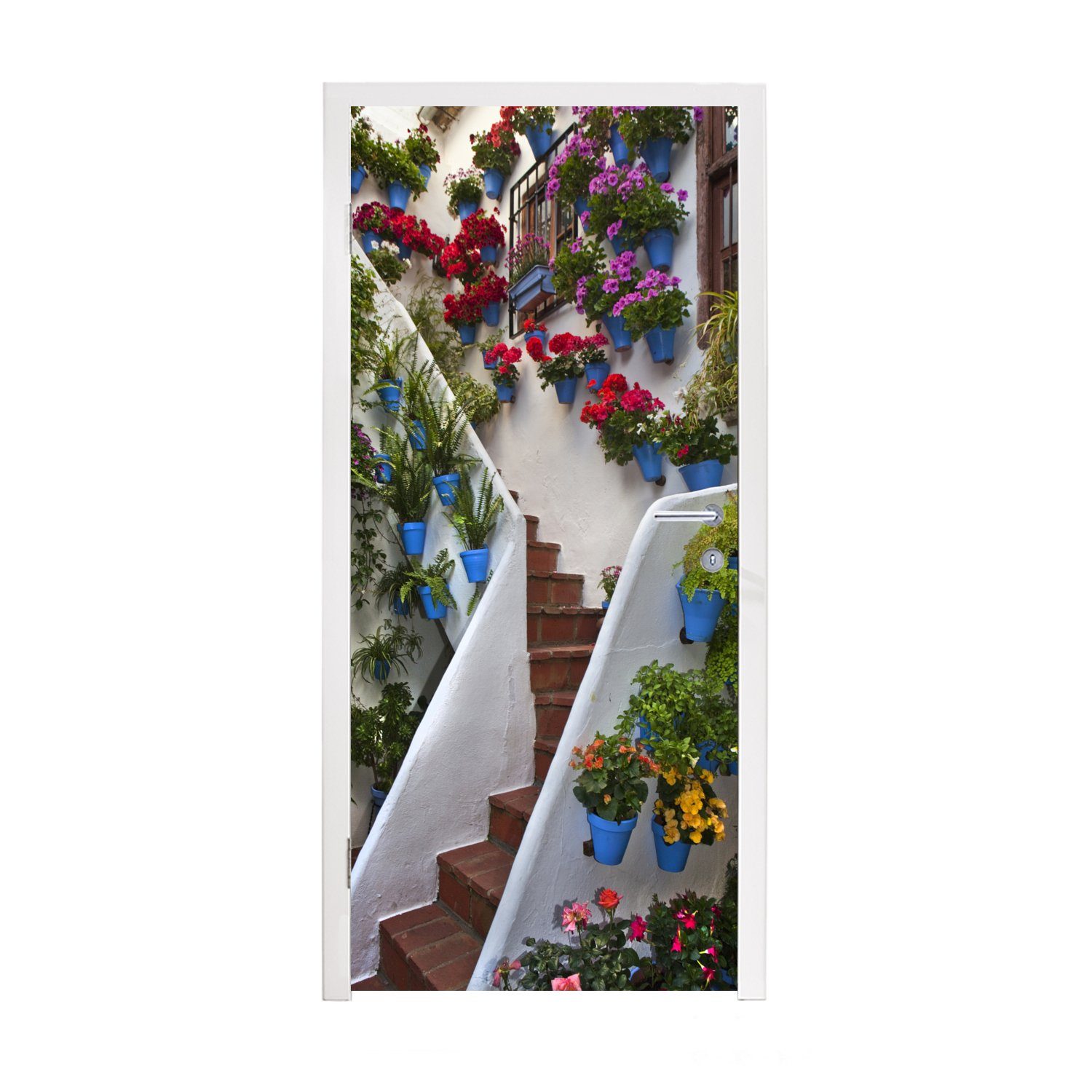 MuchoWow Türtapete Mit Blumen geschmückte Treppe in Cordoba, Spanien, Matt, bedruckt, (1 St), Fototapete für Tür, Türaufkleber, 75x205 cm