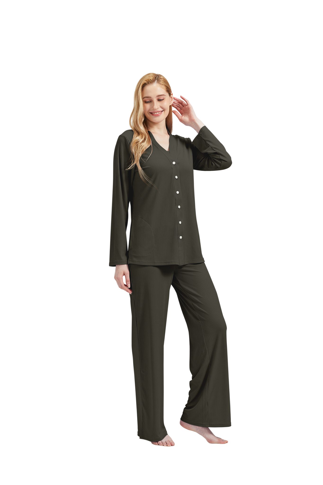 Top Hose V-Ausschnitt 3 Damenwäsche Schlafanzug Damen Schwarz RAIKOU tlg) (Set, incl.Jacket Pyjama-Set