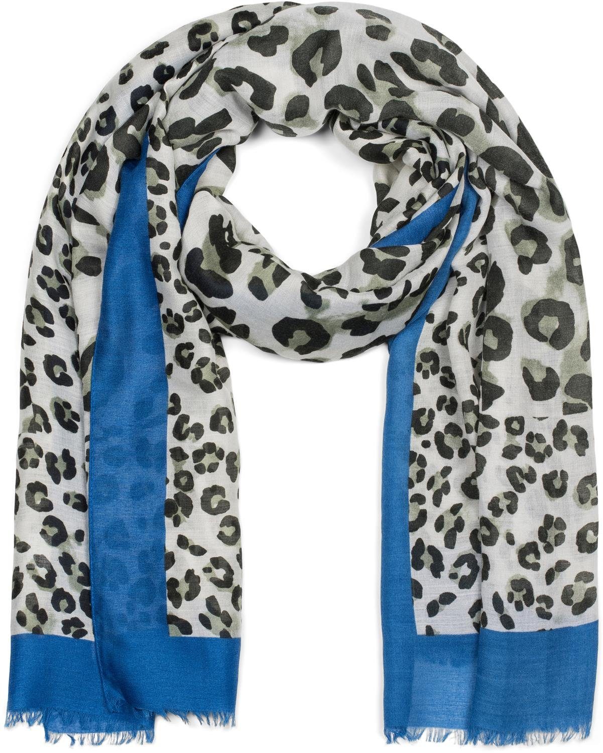 styleBREAKER Modeschal, (1-St), Schal mit Leoparden Print und farbigem Streifen Oliv-Blau
