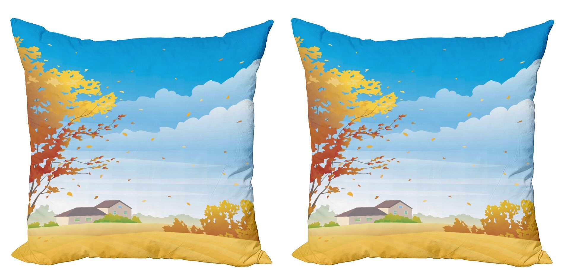 Kissenbezüge Modern Accent Doppelseitiger Digitaldruck, Abakuhaus (2 Stück), Fallen Herbst Felder Baum Bauernhof