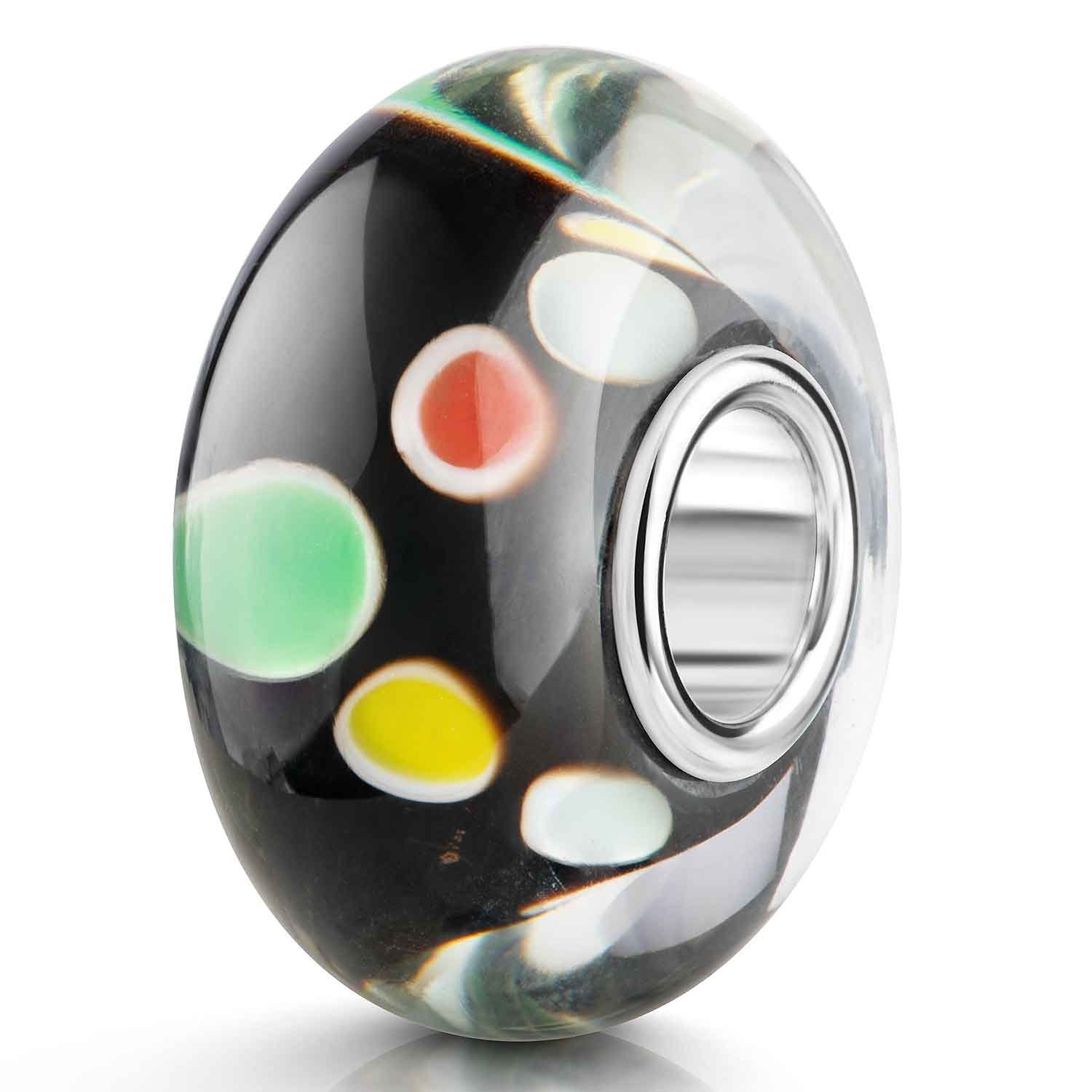 Materia Bead Glas Charm mit Punkten Geld Grün Rot Schwarz 120, Kern aus 925 Sterling Silber