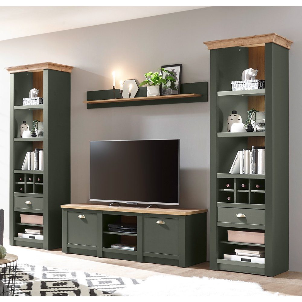 Lomadox Wohnwand CINCINNATI-61, (4-St), im Landhausstil in grün mit Wotan Eiche mit Beleuchtung 308/207/45cm