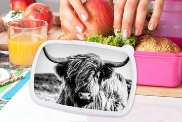 MuchoWow Lunchbox Kuh - Schottischer Hochländer - Schwarz - Weiß - Tier - Natur -, Kunststoff, (2-tlg), Brotbox für Erwachsene, Brotdose Kinder, Snackbox, Mädchen, Kunststoff