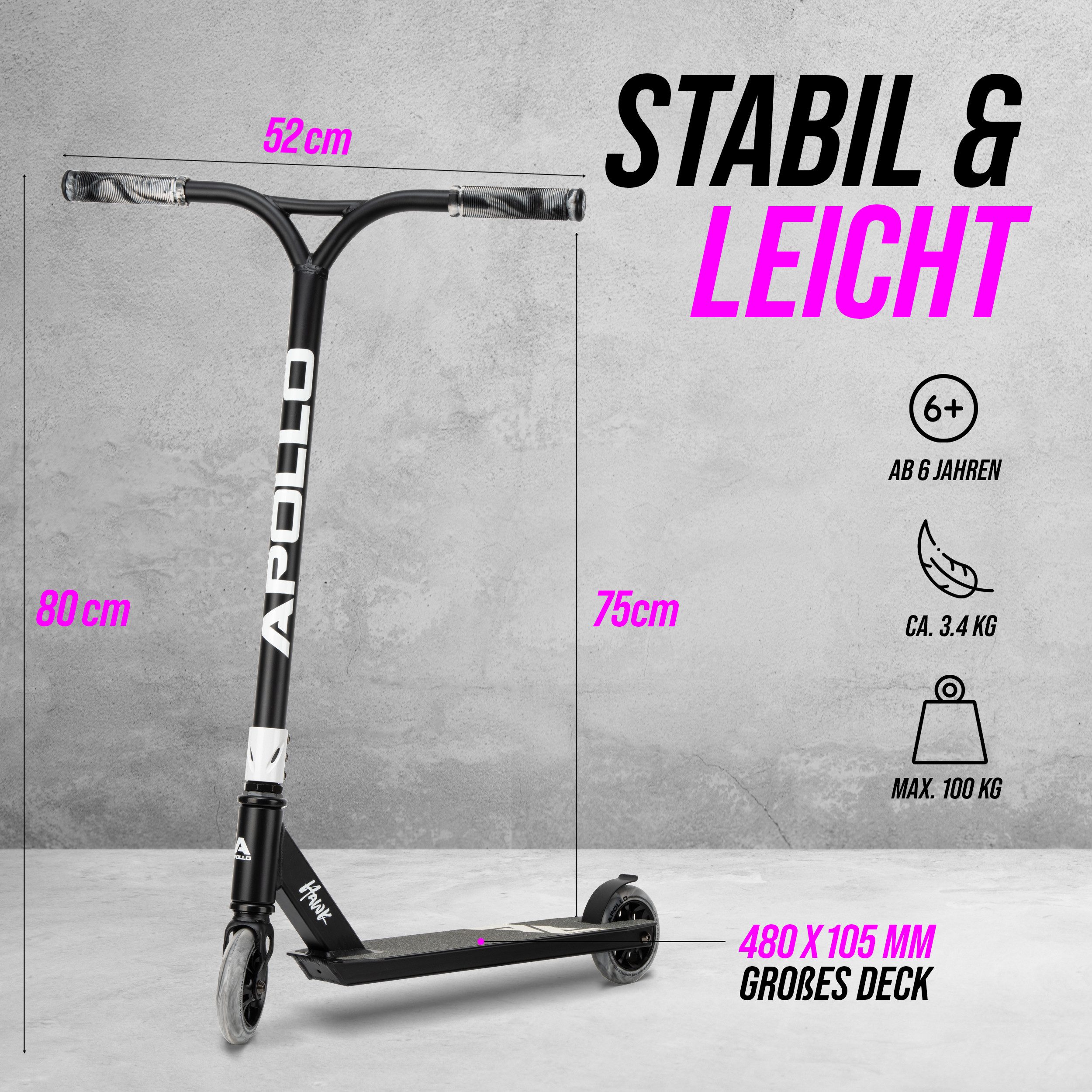 Apollo Stuntscooter Hawk - Scooter für Erwachsene, Jugendliche und Kinder ab 6 Jahren, extra breite Trittfläche & stabiler Lenker – Bild 4 von 5