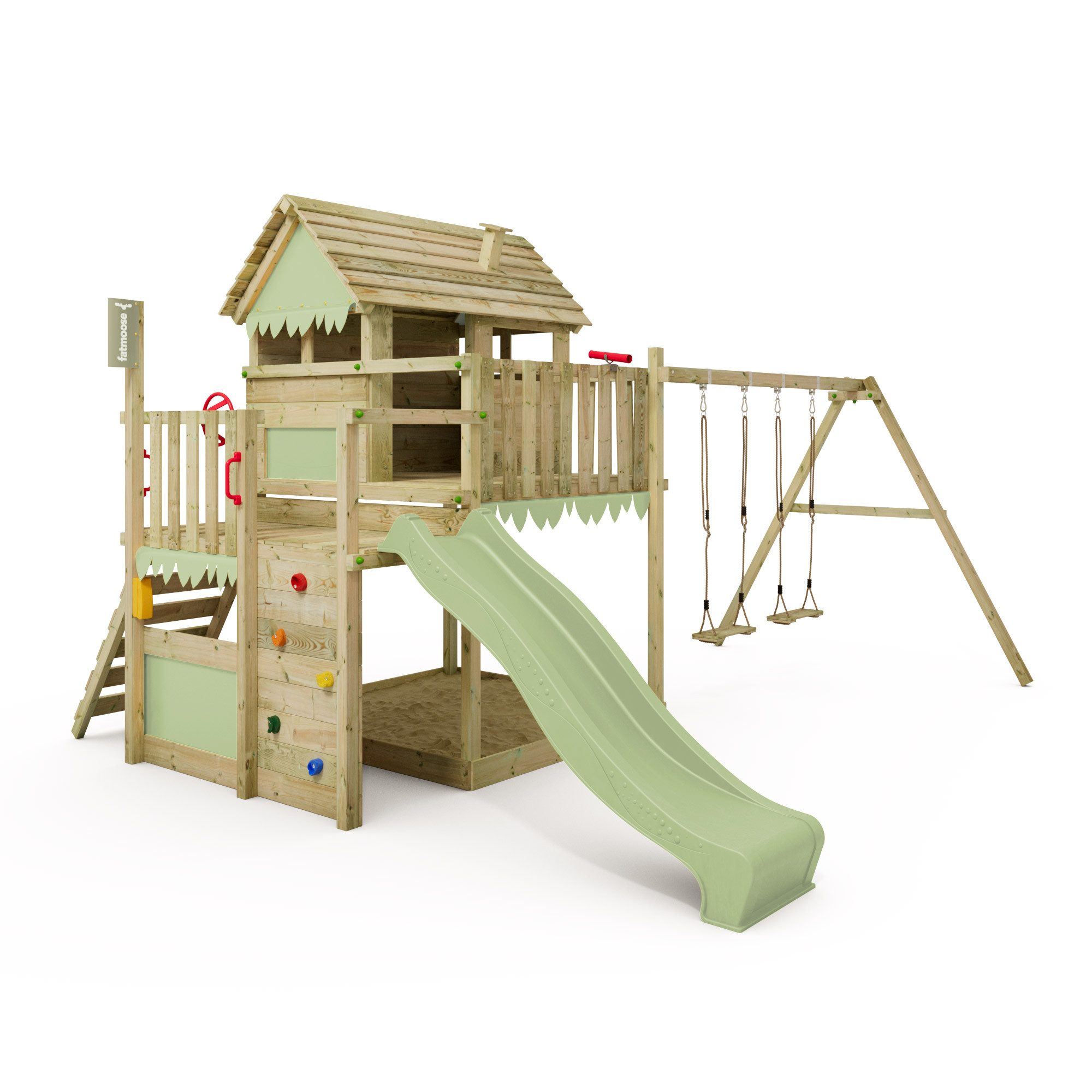 FATMOOSE Spielturm MightyMansion Move XXL Stelzenhaus mit Rutsche & Schaukel, 10 Jahre Garantie*, großes Spielhaus, großer Sandkasten